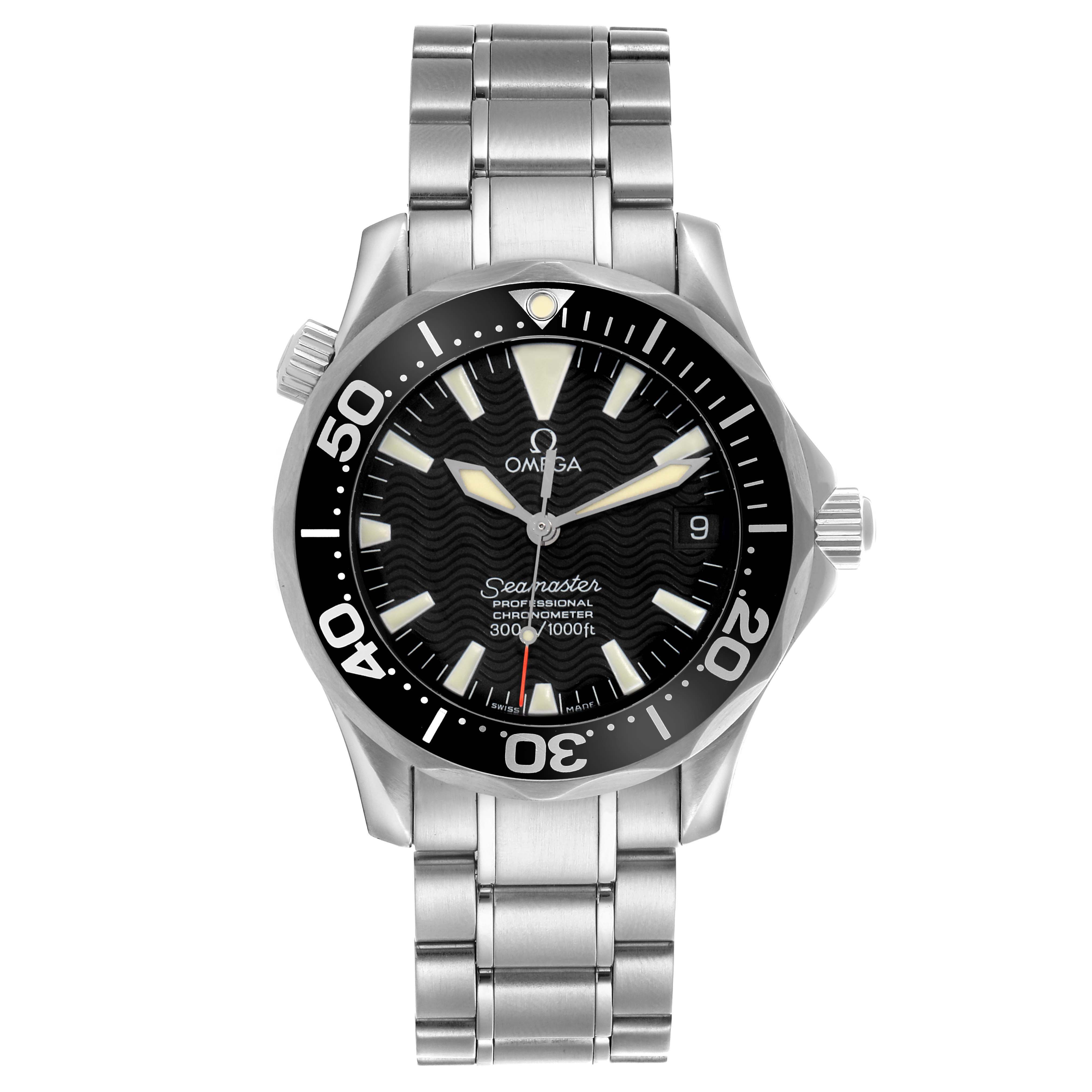The Omega Seamaster 2252.50.00 Men
s Stainless Steel Black Dial 2252.50.00 Men
s Stainless Steel Black Dial is shown in a front view, displaying the face, bezel, and metal bracelet.