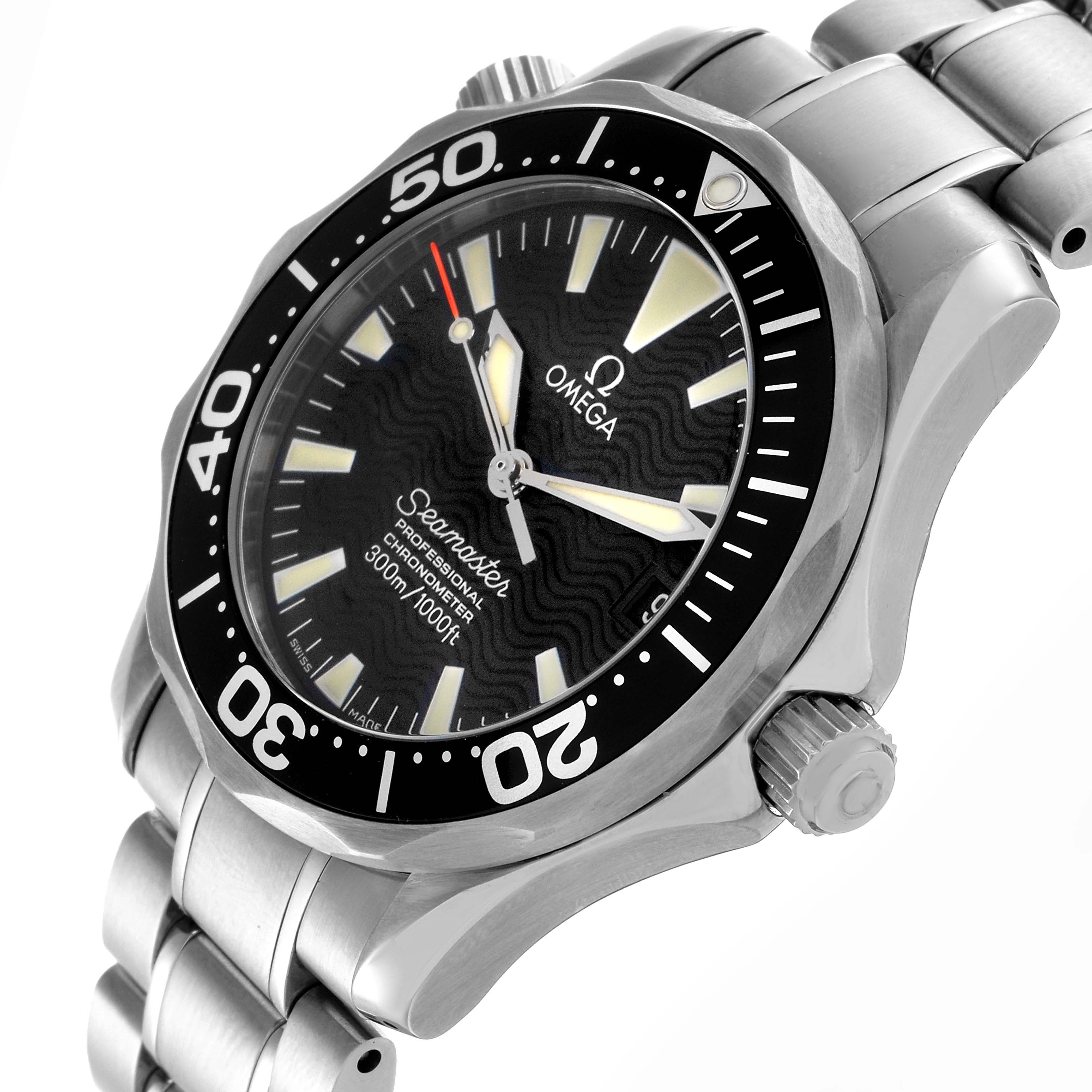 The Omega Seamaster 2252.50.00 Men
s Stainless Steel Black Dial 2252.50.00 Men
s Stainless Steel Black Dial watch is shown at an angle highlighting the face, bezel, crown, and part of the bracelet.
