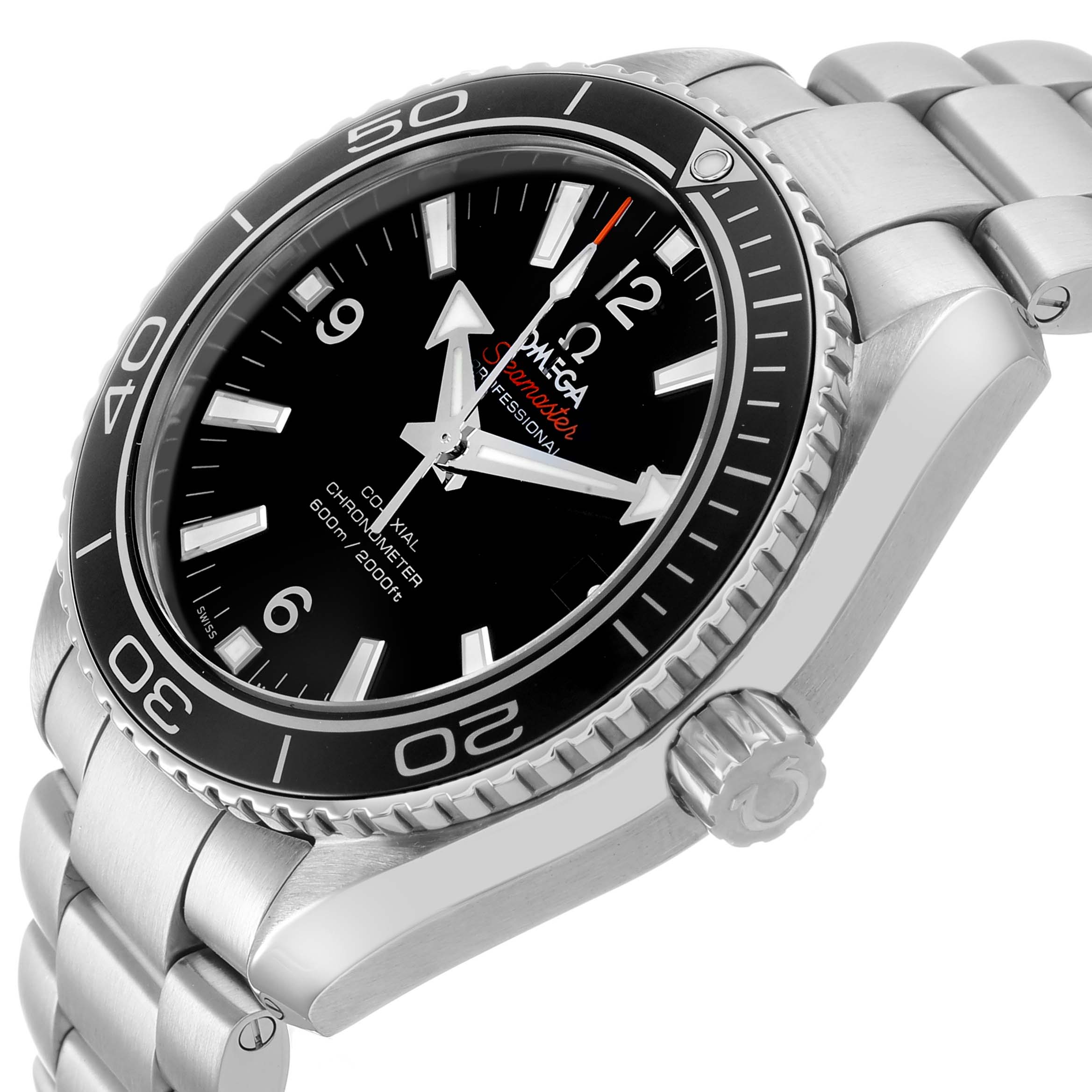 The Omega Planet Ocean 232.30.42.21.01.001 Men's Stainless Steel Black Dial watch is shown from an angled side view, displaying the bracelet, bezel, crown, and face.