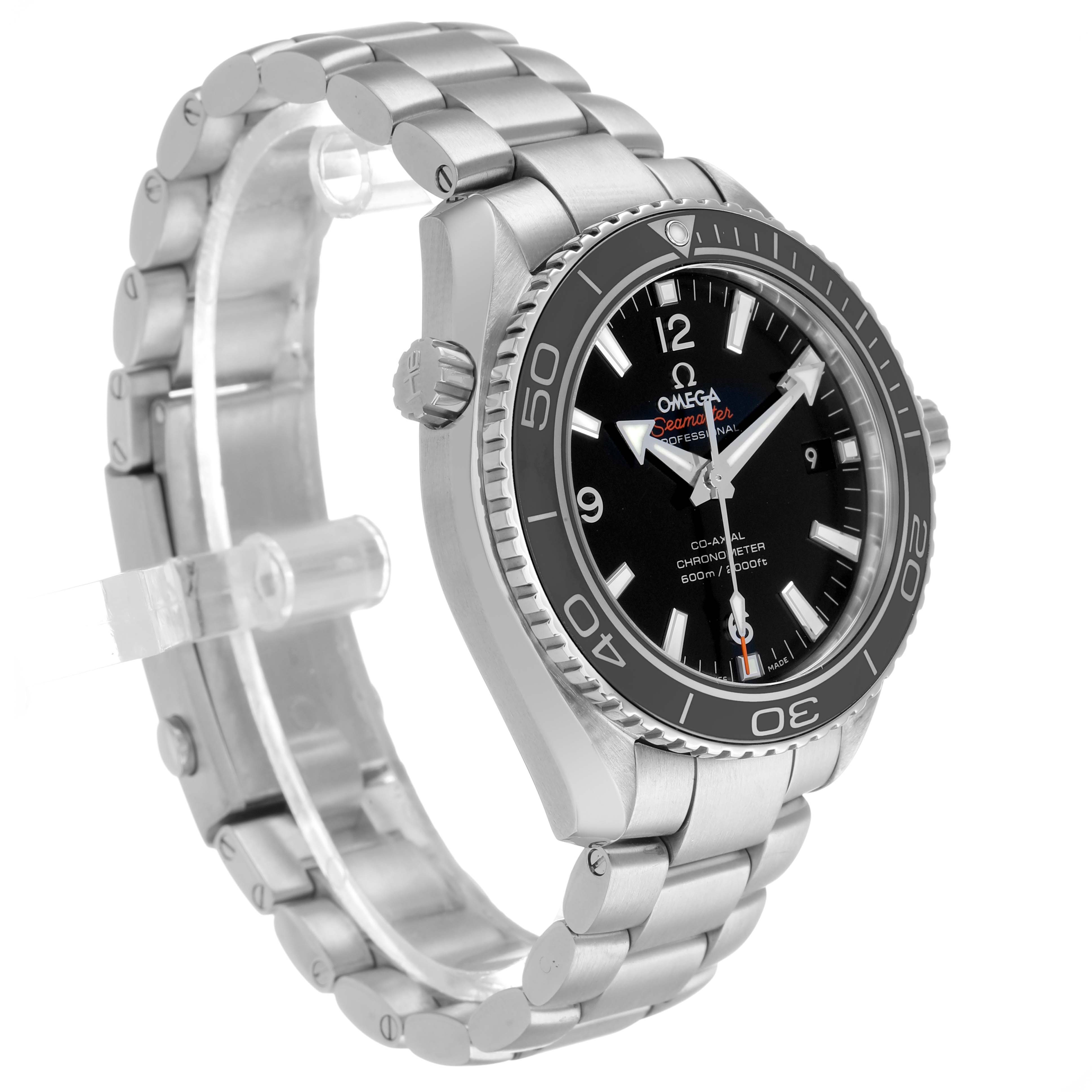 The Omega Planet Ocean 232.30.42.21.01.001 Men's Stainless Steel Black Dial watch is shown from a side angle, highlighting the bezel, face, crown, and bracelet.