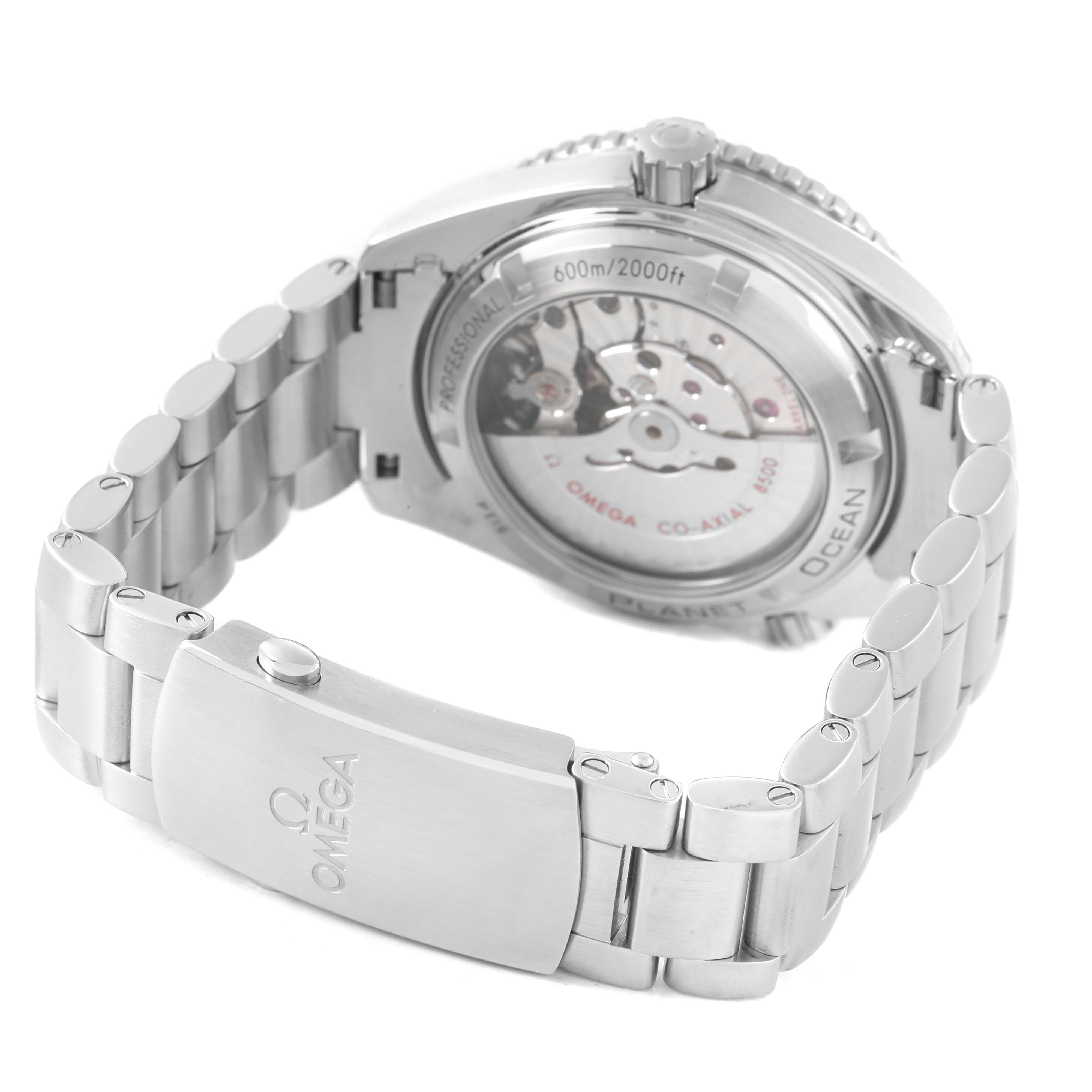 The image shows the Omega Planet Ocean 232.30.42.21.01.001 Men's Stainless Steel Black Dial watch from a rear angle, highlighting the exhibition case back and metal bracelet clasp.