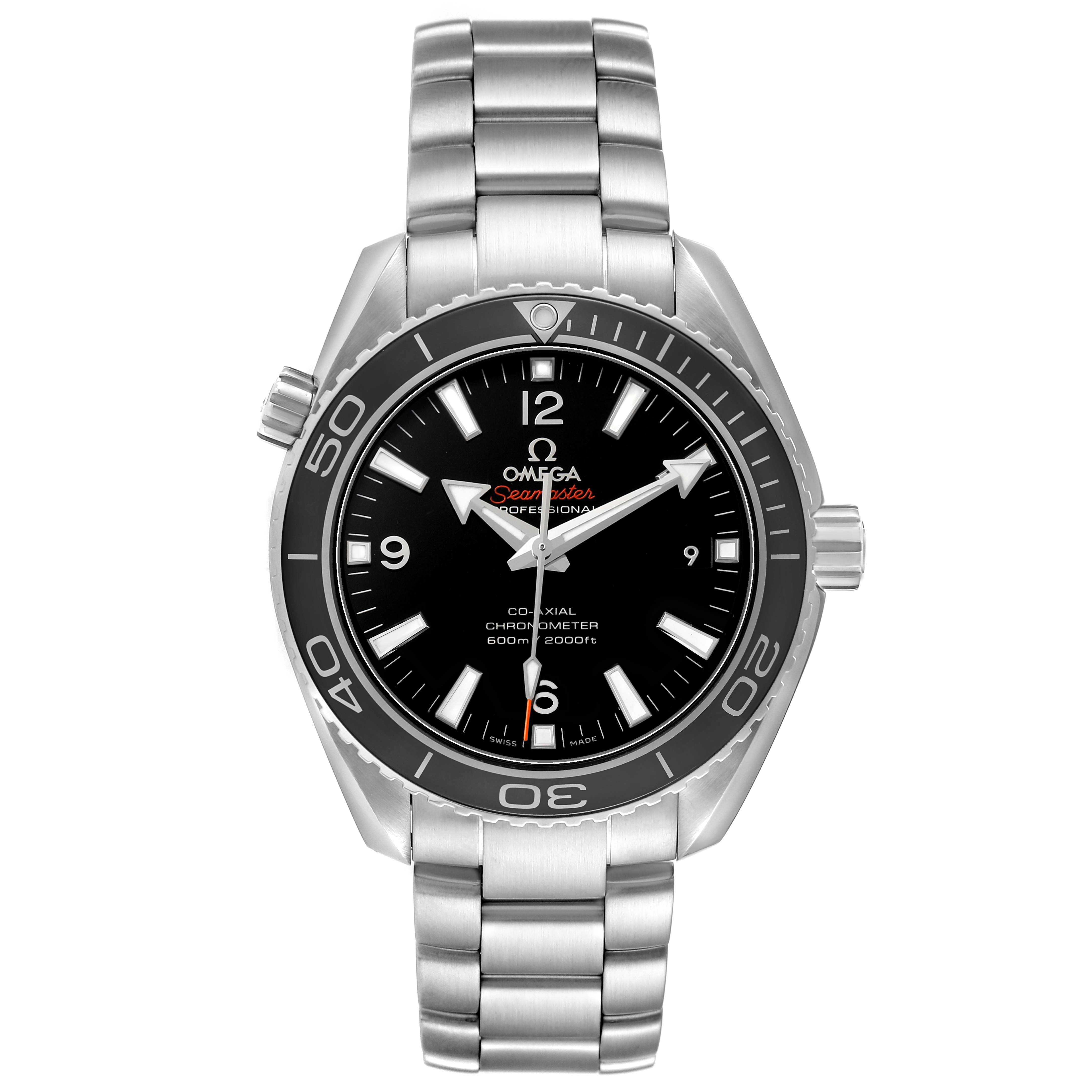 The image shows a front view of an Omega Planet Ocean 232.30.42.21.01.001 Men's Stainless Steel Black Dial watch, highlighting its face, bezel, and bracelet.