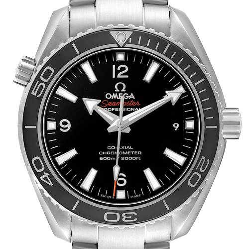 The Omega Planet Ocean 232.30.42.21.01.001 Men's Stainless Steel Black Dial watch is shown from a front angle, displaying the dial, bezel, and part of the bracelet.