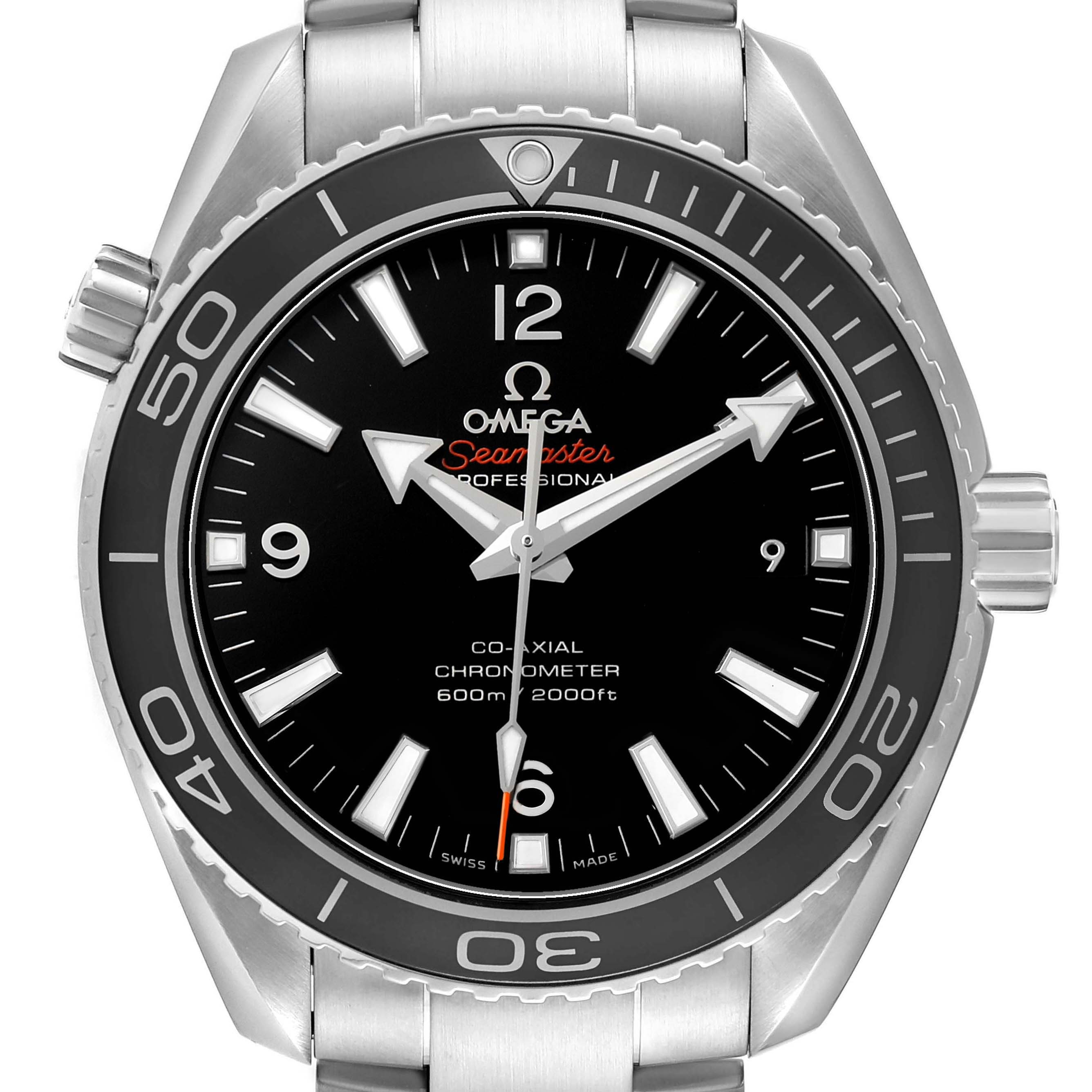 The Omega Planet Ocean 232.30.42.21.01.001 Men's Stainless Steel Black Dial watch is shown from a front angle, featuring its dial, bezel, hands, and part of the bracelet.