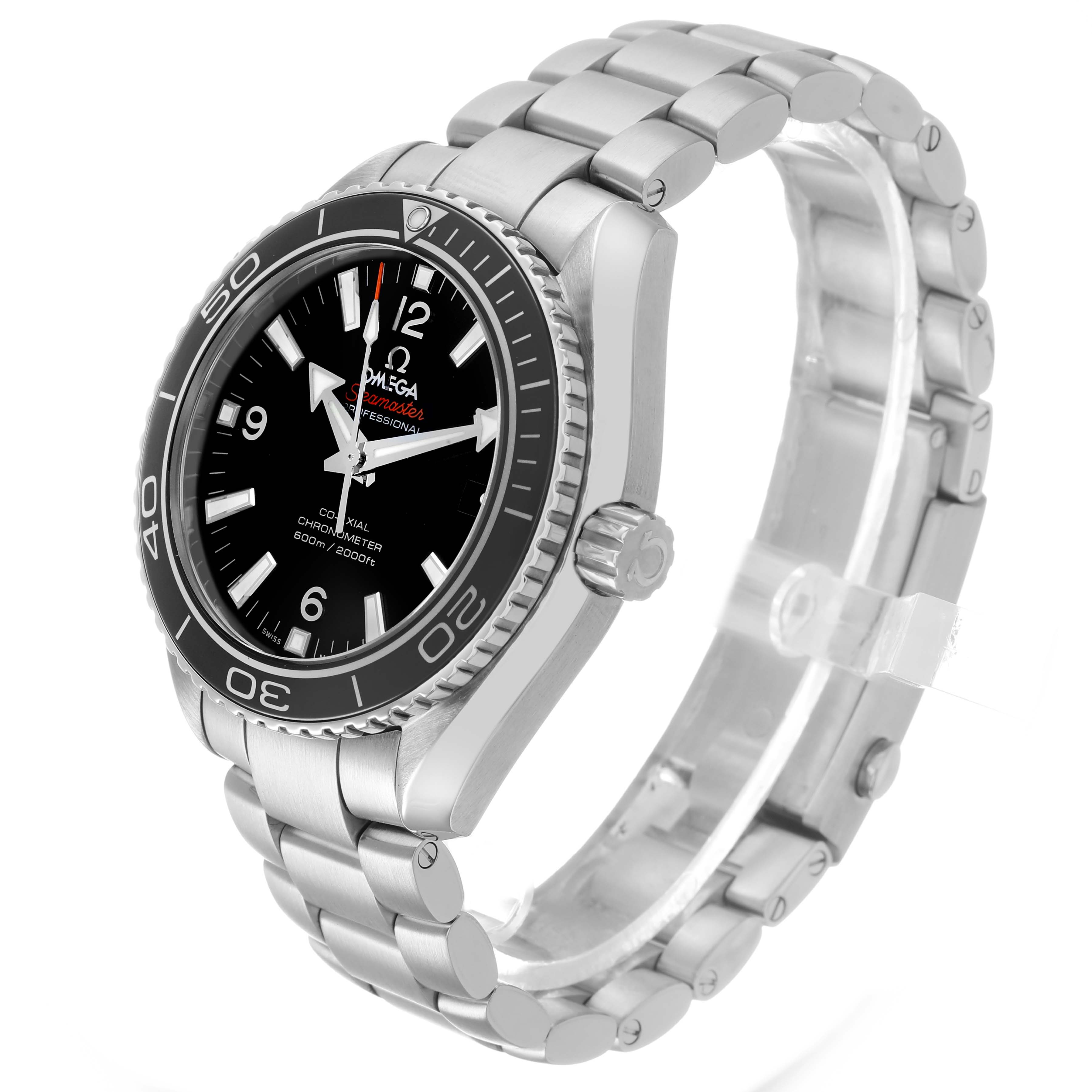 The Omega Planet Ocean 232.30.42.21.01.001 Men's Stainless Steel Black Dial watch is shown at a three-quarter angle, highlighting the face, bezel, crown, and bracelet.