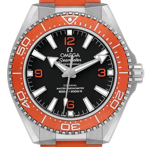 The Omega Planet Ocean 217.32.42.21.01.004 Men's Stainless Steel Black Dial watch is shown from a front angle, highlighting the orange bezel, black dial, and luminescent hands.