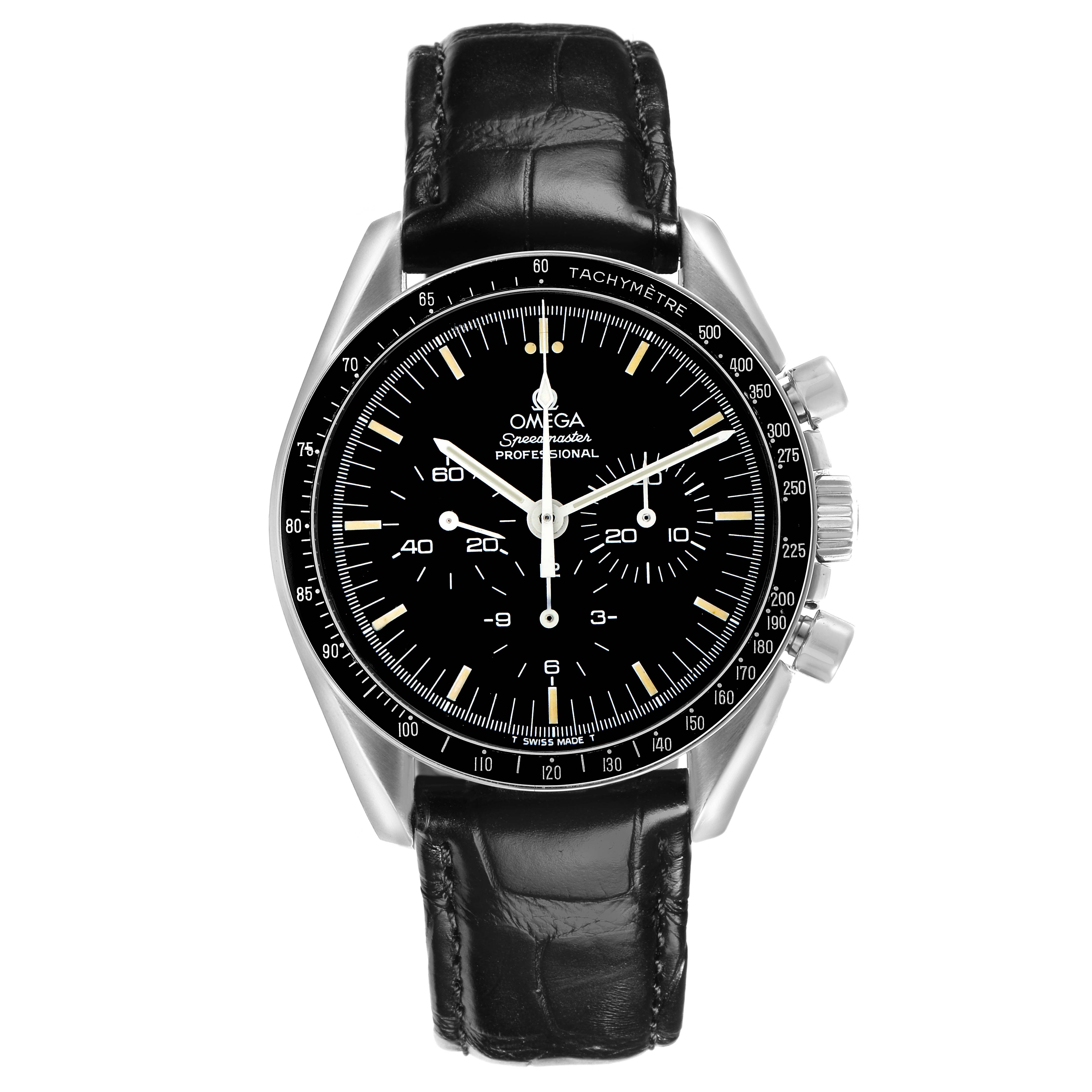 The Omega Speedmaster 3590.50.00 Men
s Stainless Steel Black Dial 3590.50.00 Men
s Stainless Steel Black Dial watch is shown from the front, displaying its face, bezel, and leather strap.