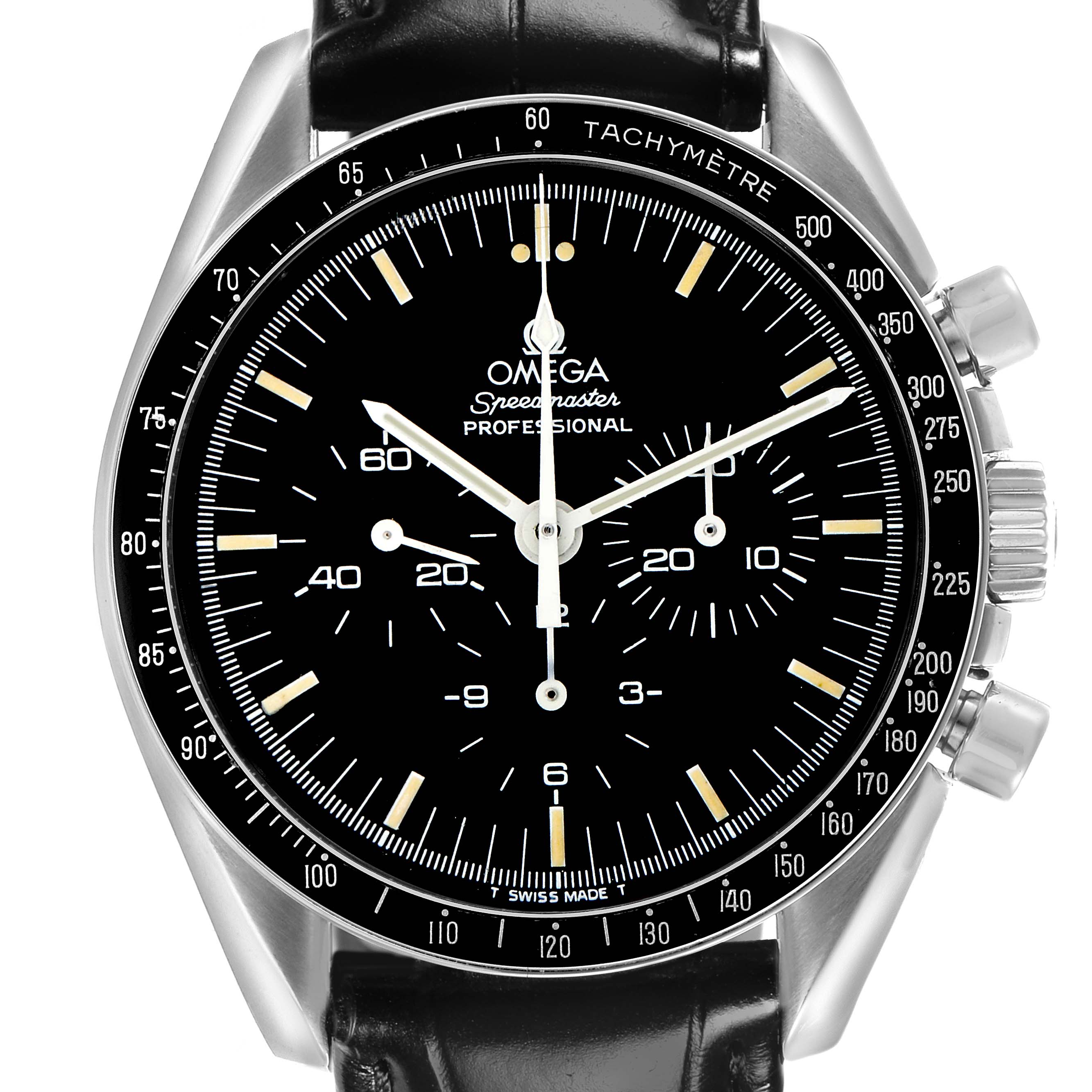The image shows a front view of the Omega Speedmaster 3590.50.00 Men
s Stainless Steel Black Dial 3590.50.00 Men
s Stainless Steel Black Dial watch, displaying the dial, bezel, and chronograph pushers.