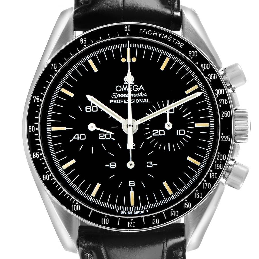 The image shows a front view of the Omega Speedmaster watch, displaying the dial, bezel, and chronograph pushers.