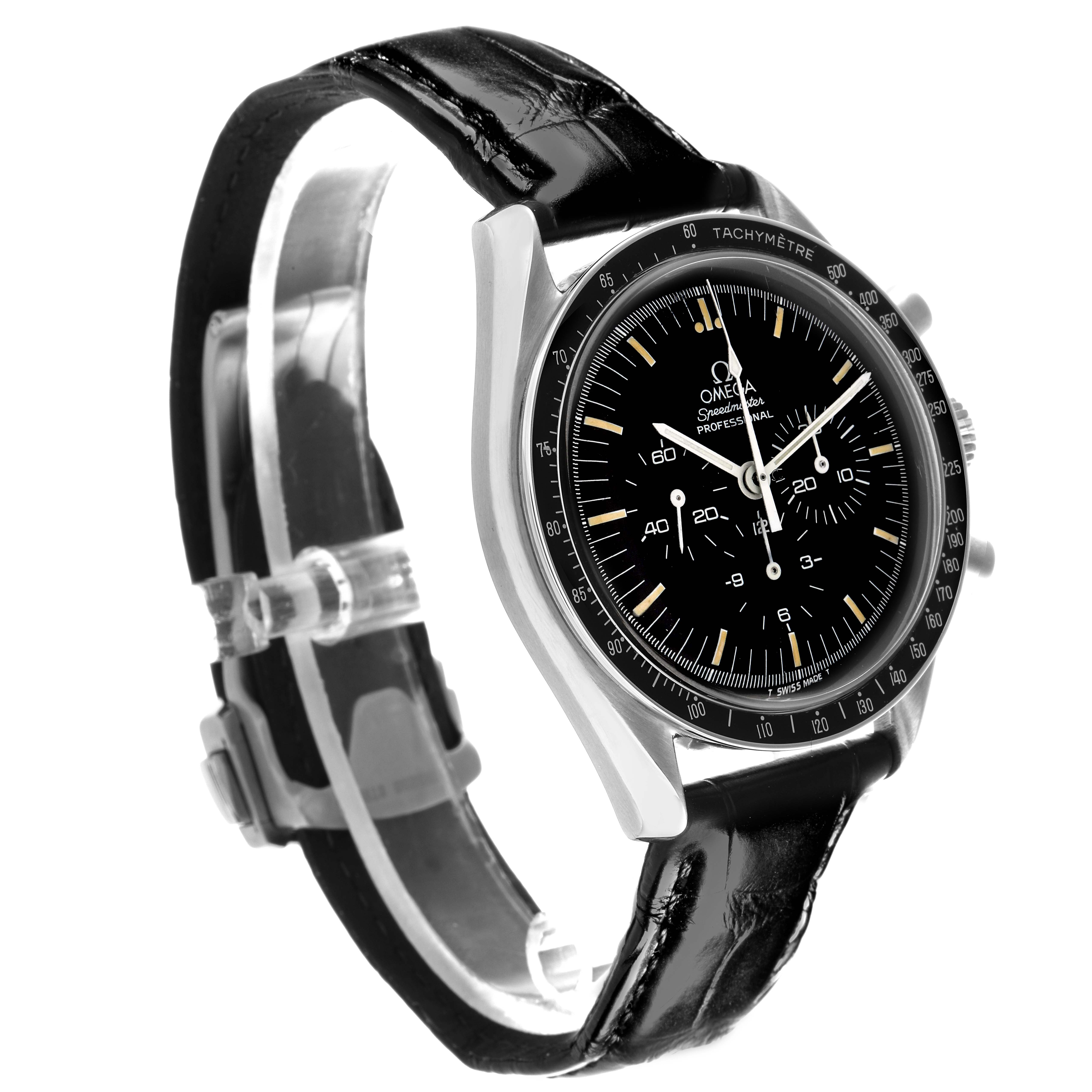 The Omega Speedmaster 3590.50.00 Men
s Stainless Steel Black Dial 3590.50.00 Men
s Stainless Steel Black Dial watch is shown at a three-quarter view, highlighting the face, tachymeter bezel, and black leather strap.