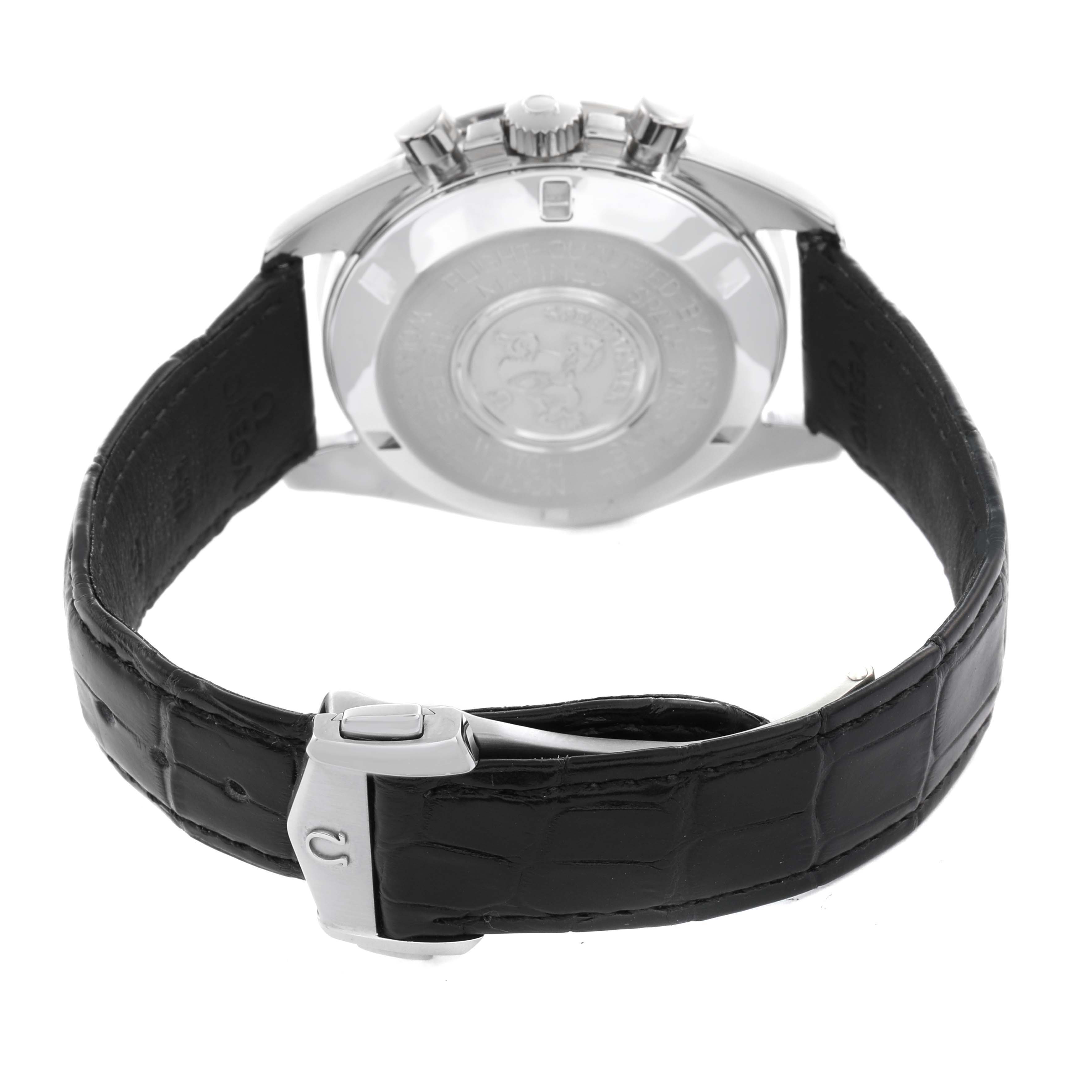 The Omega Speedmaster 3590.50.00 Men
s Stainless Steel Black Dial 3590.50.00 Men
s Stainless Steel Black Dial watch is shown from the rear, highlighting the back case, strap, and clasp.