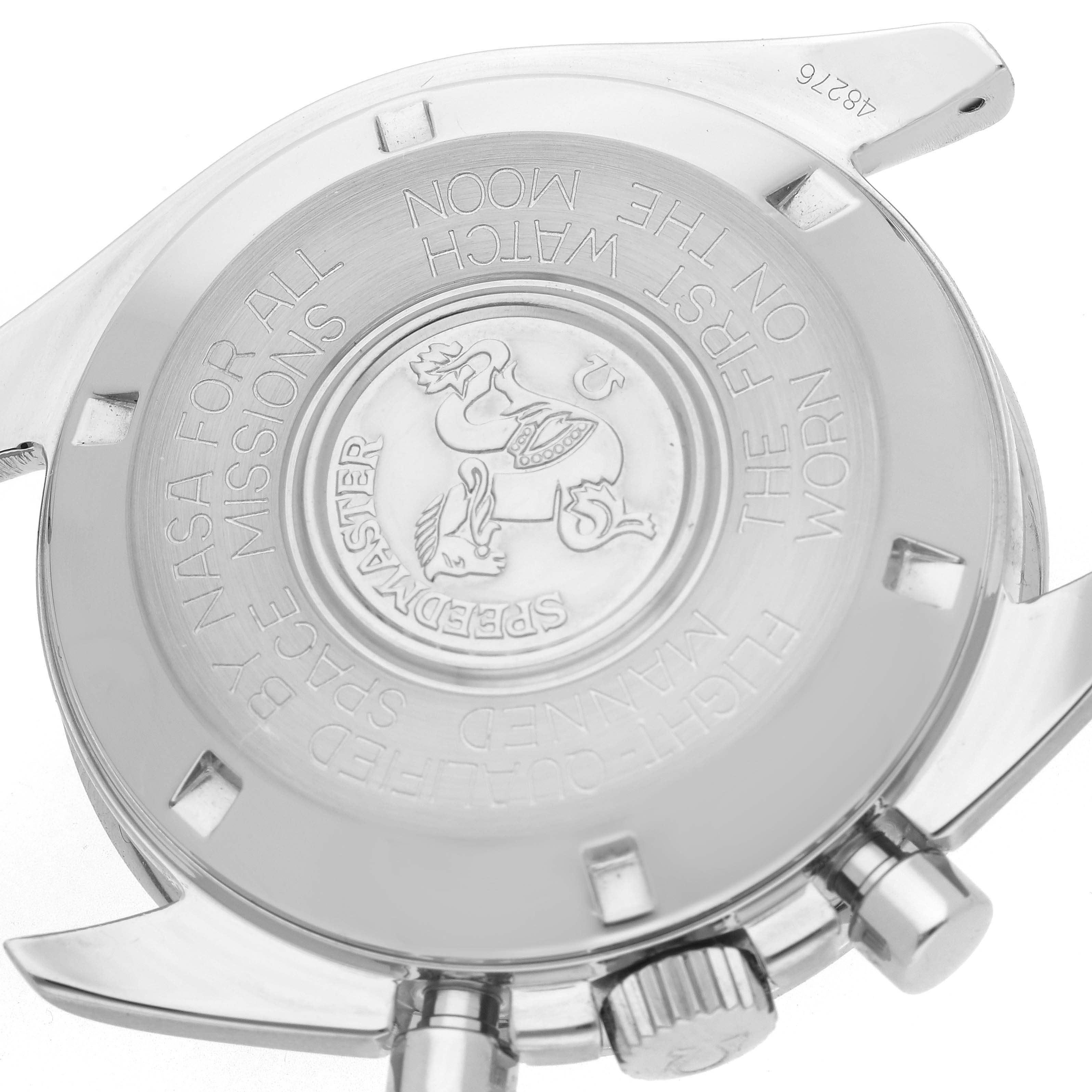 The image shows the back case and crown of the Omega Speedmaster 3590.50.00 Men
s Stainless Steel Black Dial 3590.50.00 Men
s Stainless Steel Black Dial, featuring engraved details and a logo.