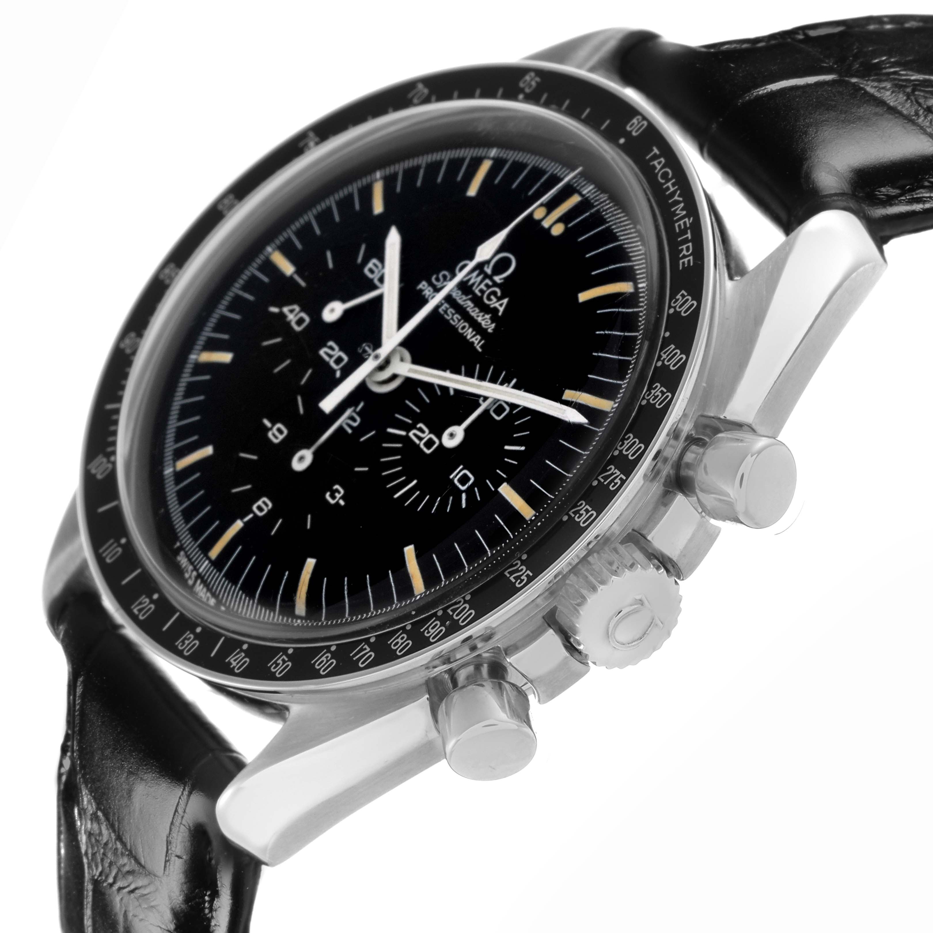 The Omega Speedmaster 3590.50.00 Men
s Stainless Steel Black Dial 3590.50.00 Men
s Stainless Steel Black Dial watch is shown at an angled side view, displaying the dial, crown, and pushers.