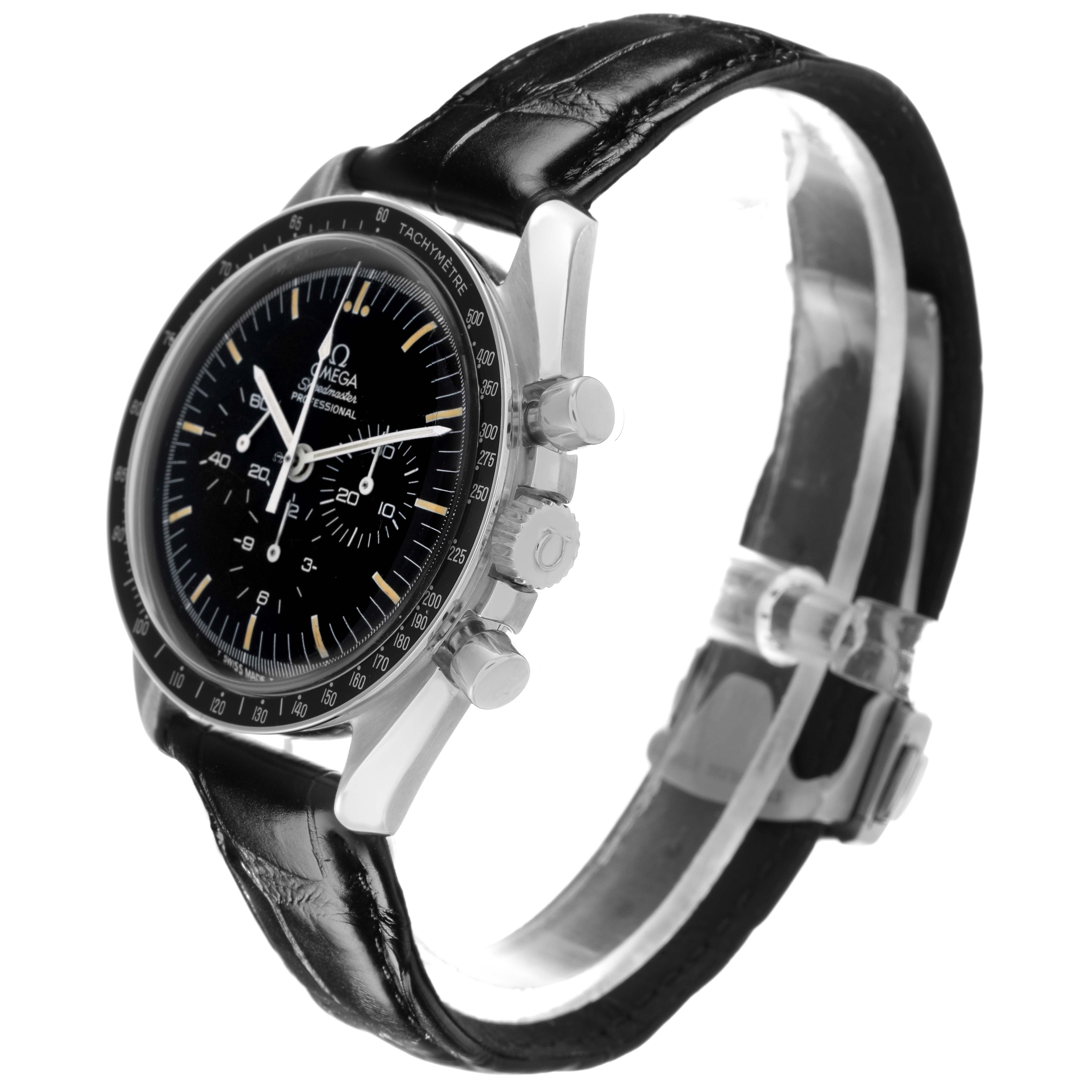 The Omega Speedmaster 3590.50.00 Men
s Stainless Steel Black Dial 3590.50.00 Men
s Stainless Steel Black Dial is shown from a side angle, highlighting the dial, bezel, crown, pushers, and leather strap.