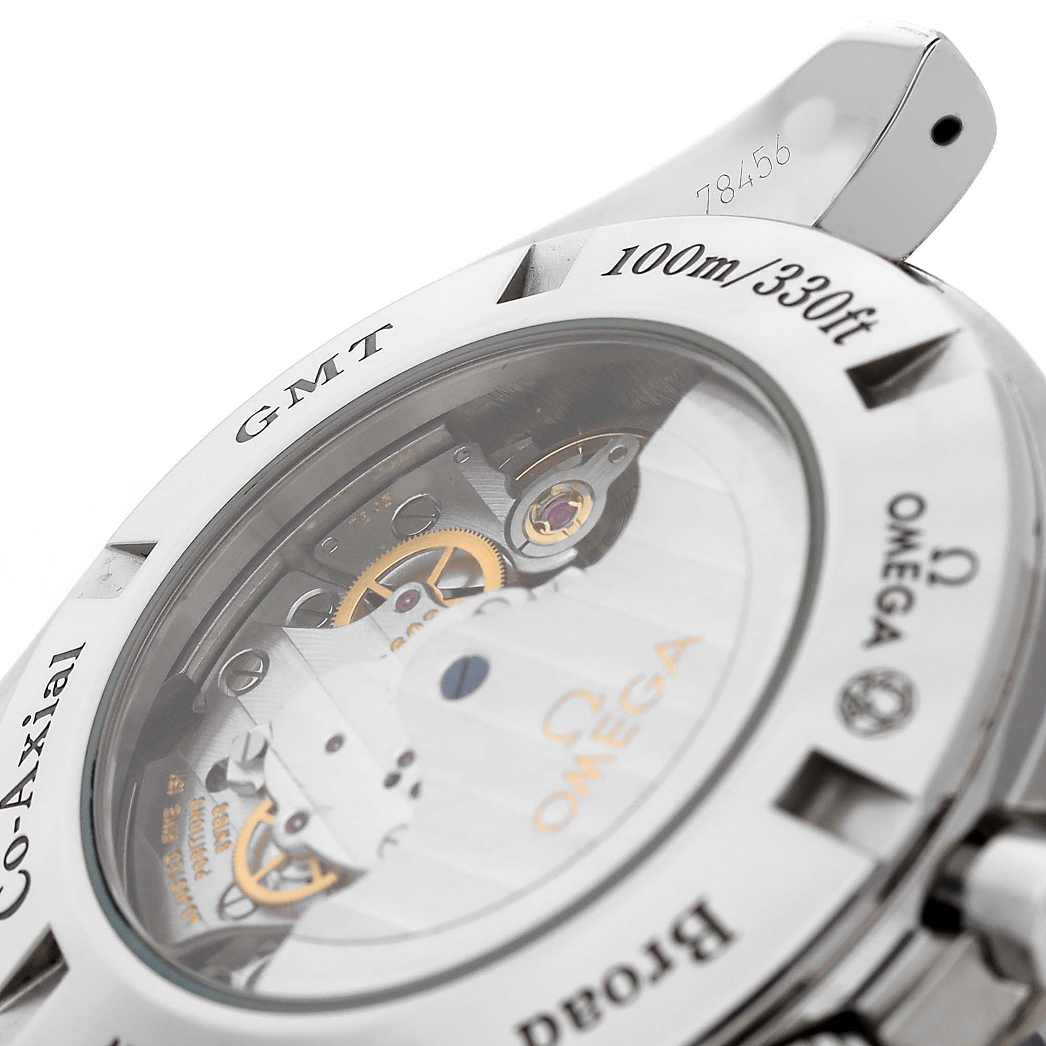 The image shows the back of an Omega Speedmaster 3581.50.00 Men's Stainless Steel Black Dial, highlighting the transparent case back and visible movement.