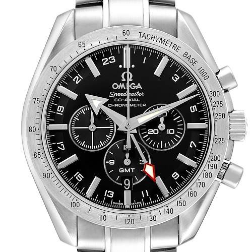 The Omega Speedmaster 3581.50.00 Men's Stainless Steel Black Dial watch is shown from a front angle, highlighting its dial, sub-dials, and tachymeter bezel.