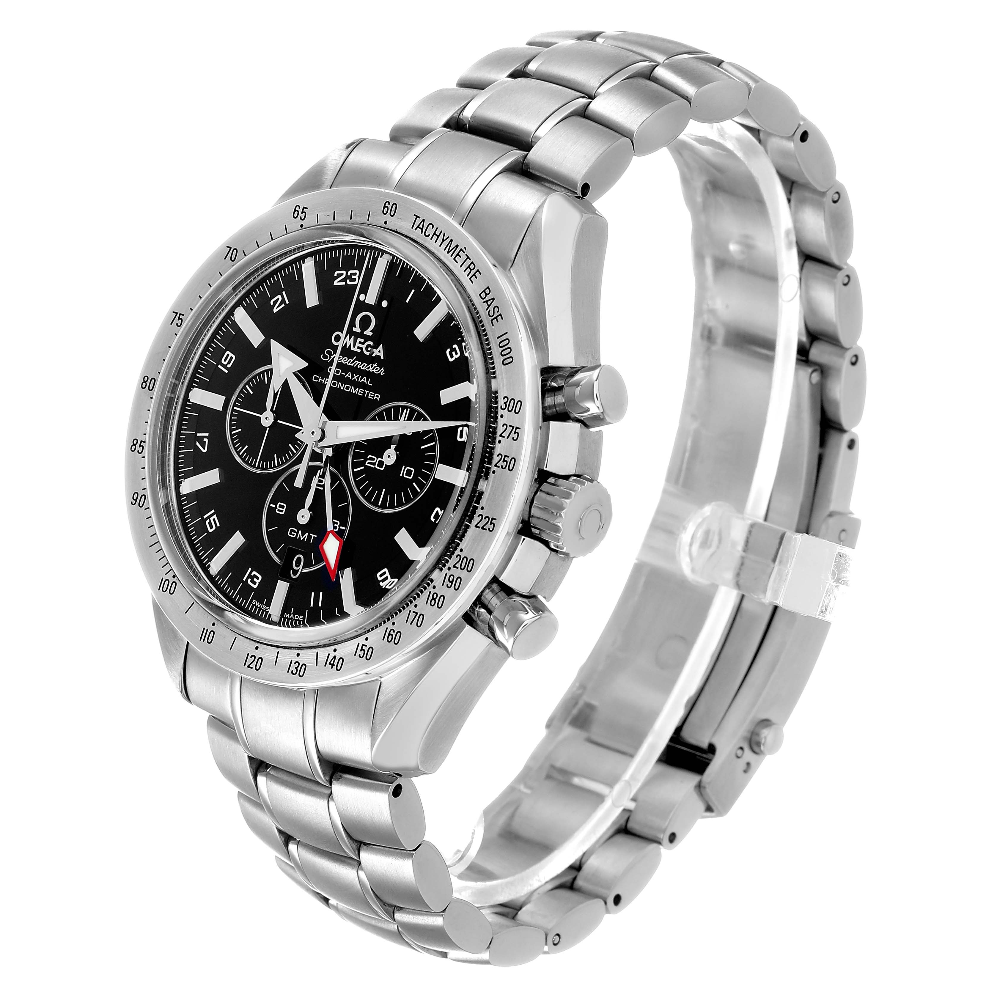 The Omega Speedmaster 3581.50.00 Men's Stainless Steel Black Dial is shown at a three-quarter angle, displaying the face, bezel, and stainless steel bracelet.