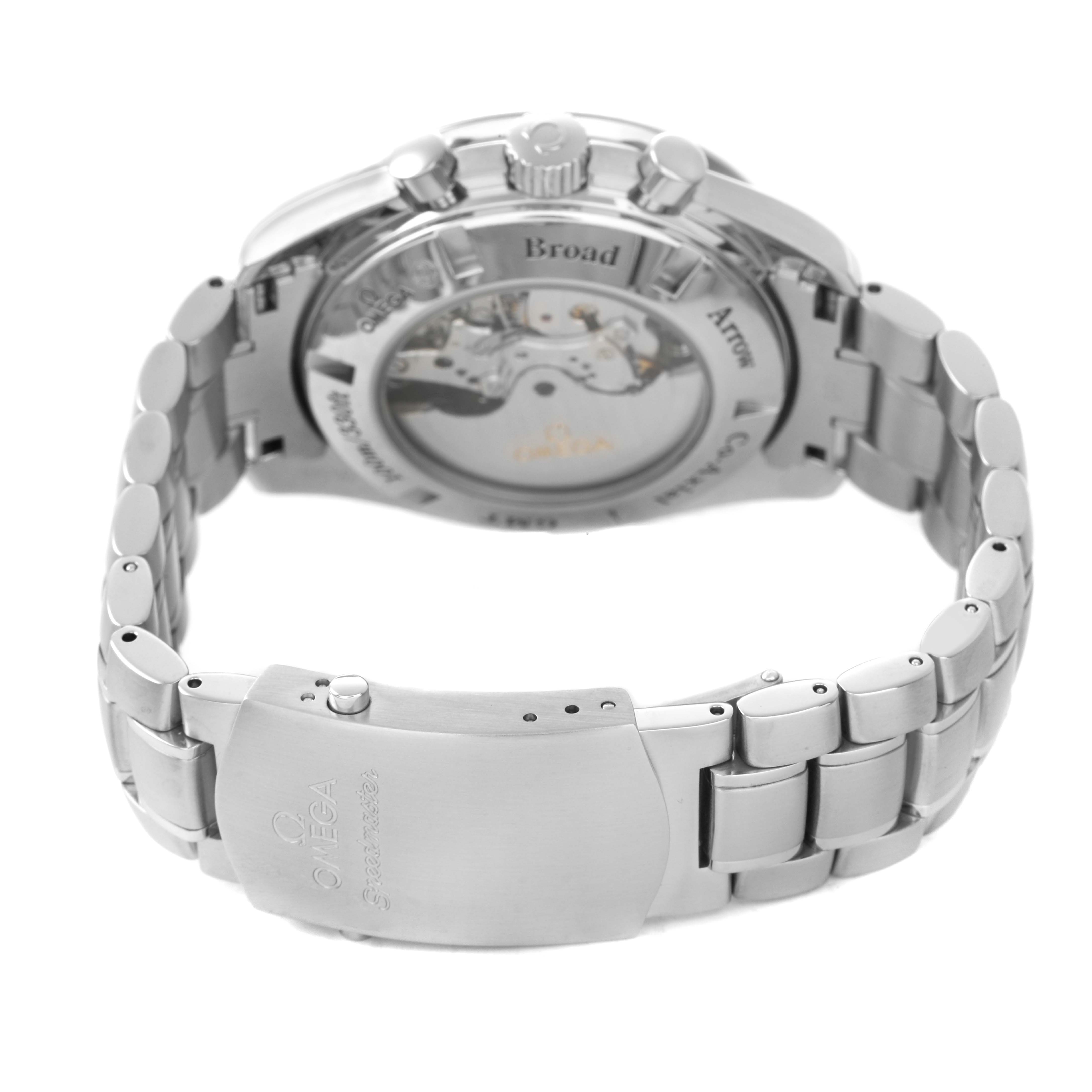 The image shows the back view of the Omega Speedmaster 3581.50.00 Men's Stainless Steel Black Dial, highlighting its transparent case back and metal bracelet clasp.
