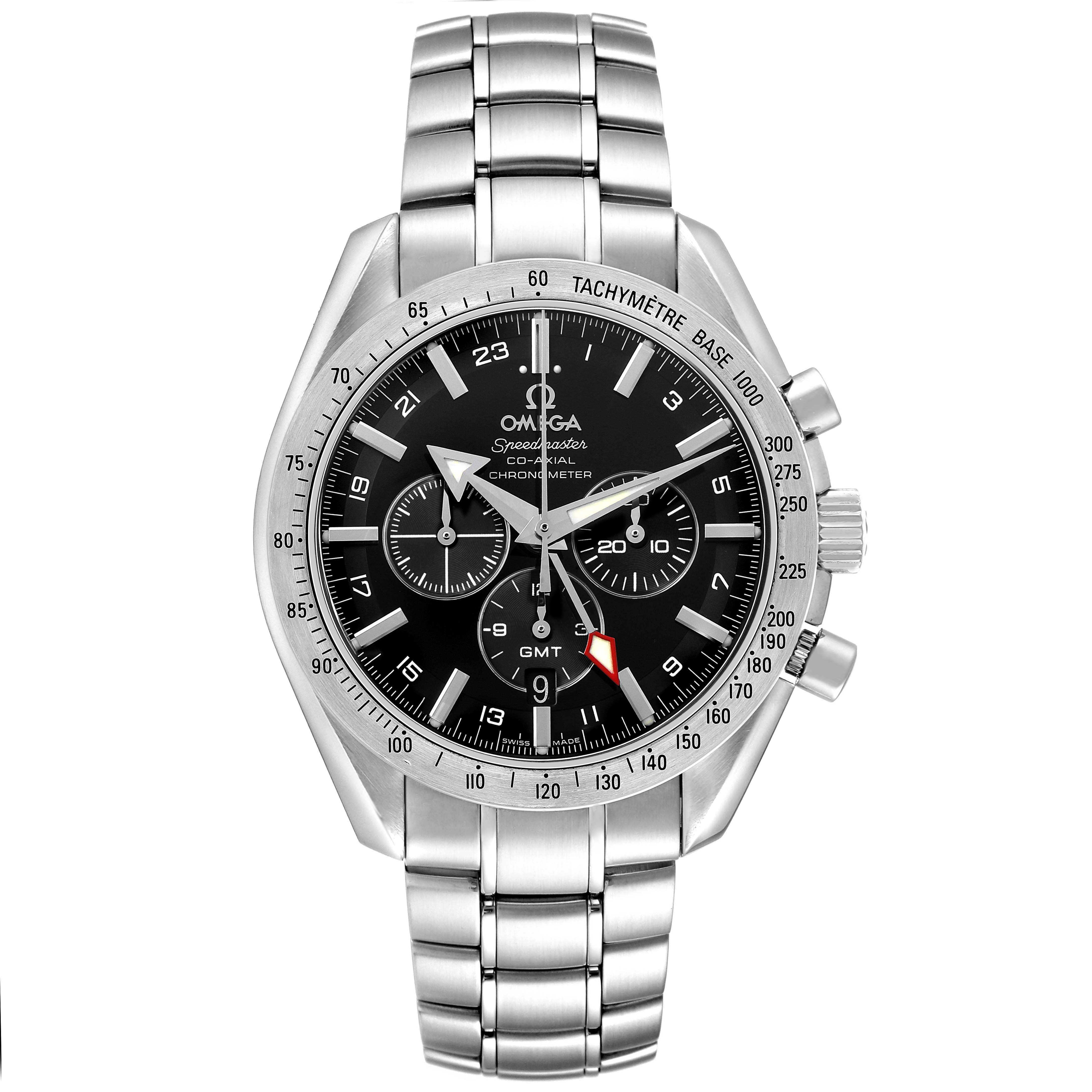 The Omega Speedmaster 3581.50.00 Men's Stainless Steel Black Dial is shown from the front, displaying its dial, tachymeter bezel, three subdials, and metal bracelet.