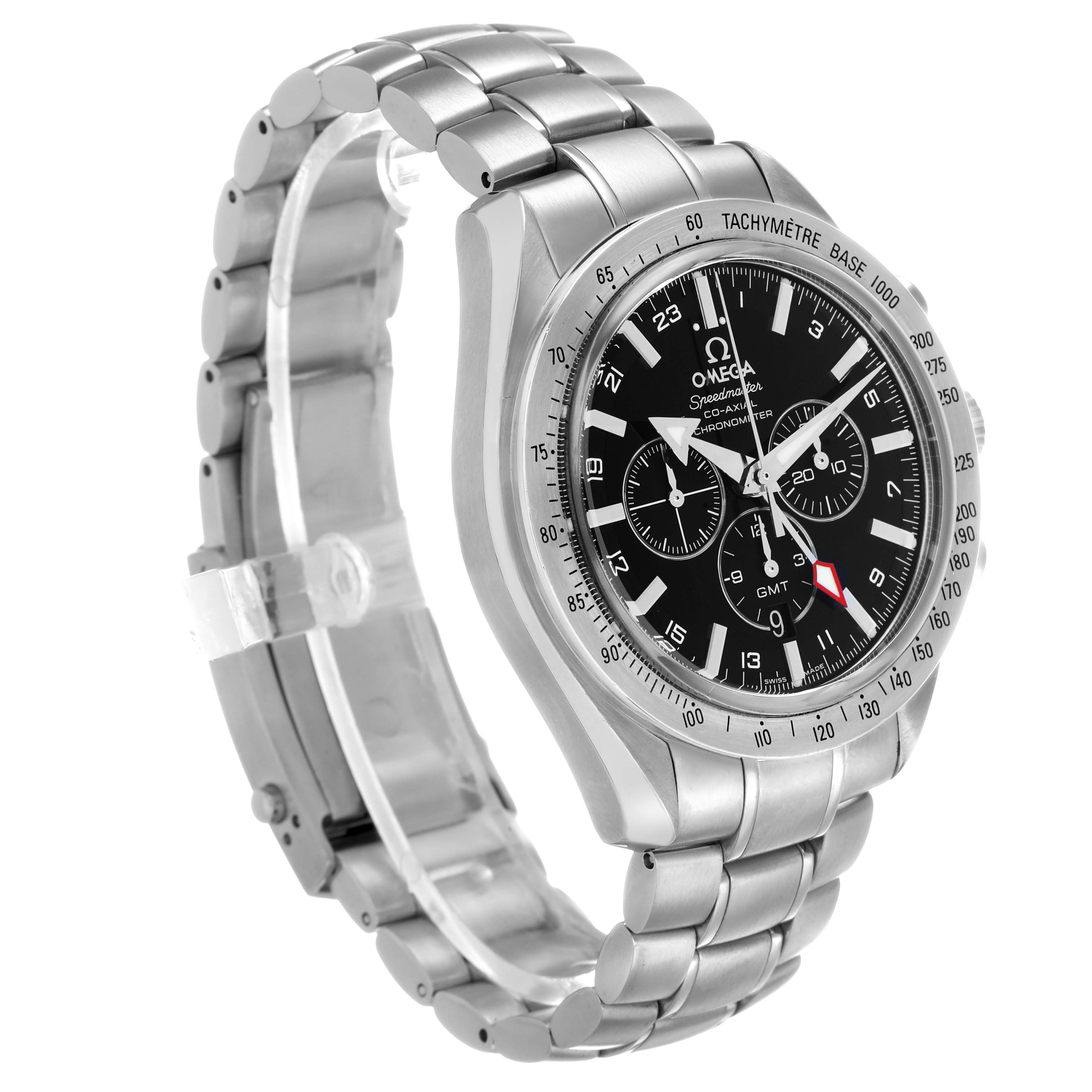 The Omega Speedmaster 3581.50.00 Men's Stainless Steel Black Dial watch is shown at a three-quarter angle, highlighting its face, bezel, and metal bracelet.