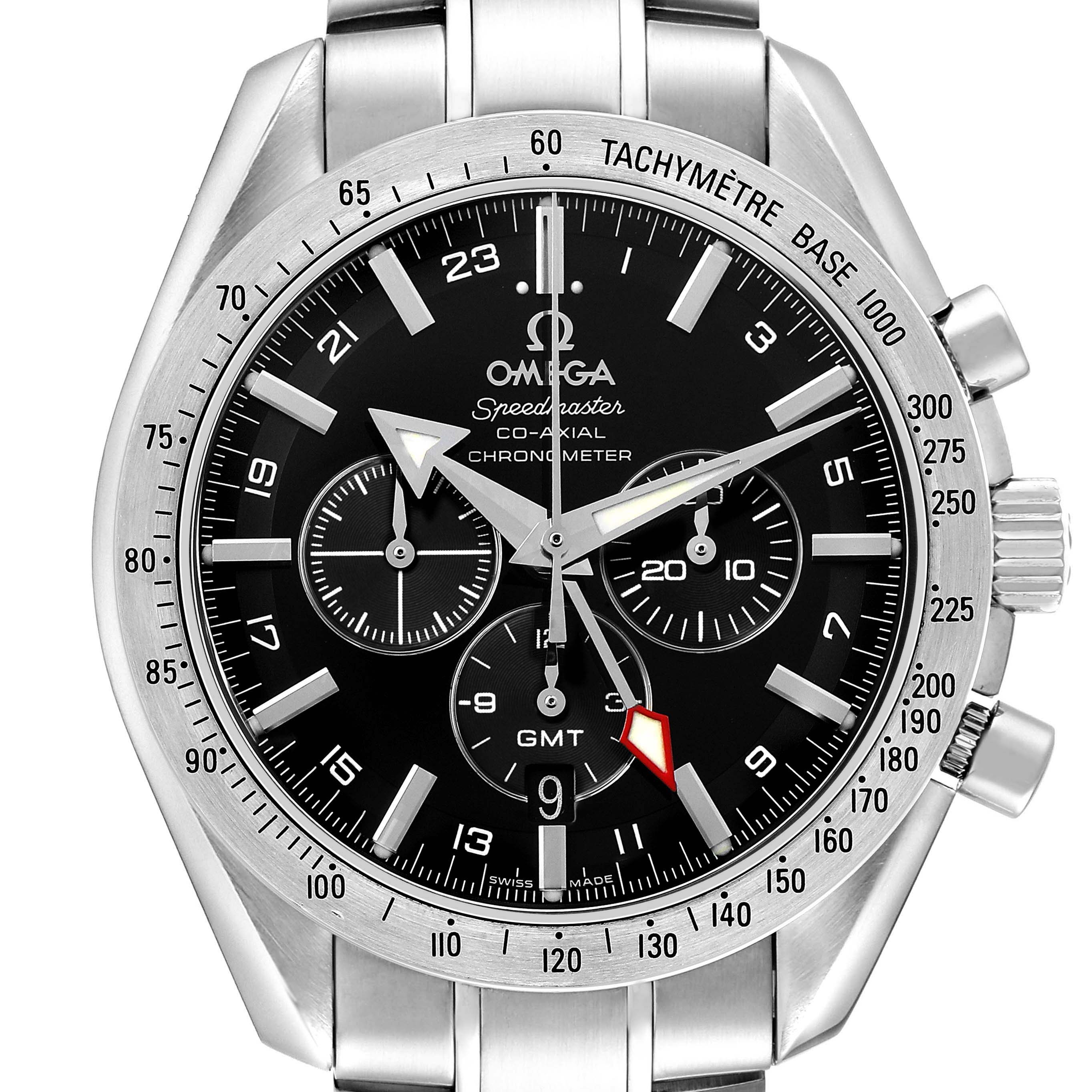 The Omega Speedmaster 3581.50.00 Men's Stainless Steel Black Dial watch is shown from a front angle, displaying its tachymeter bezel, chronograph subdials, and bracelet.