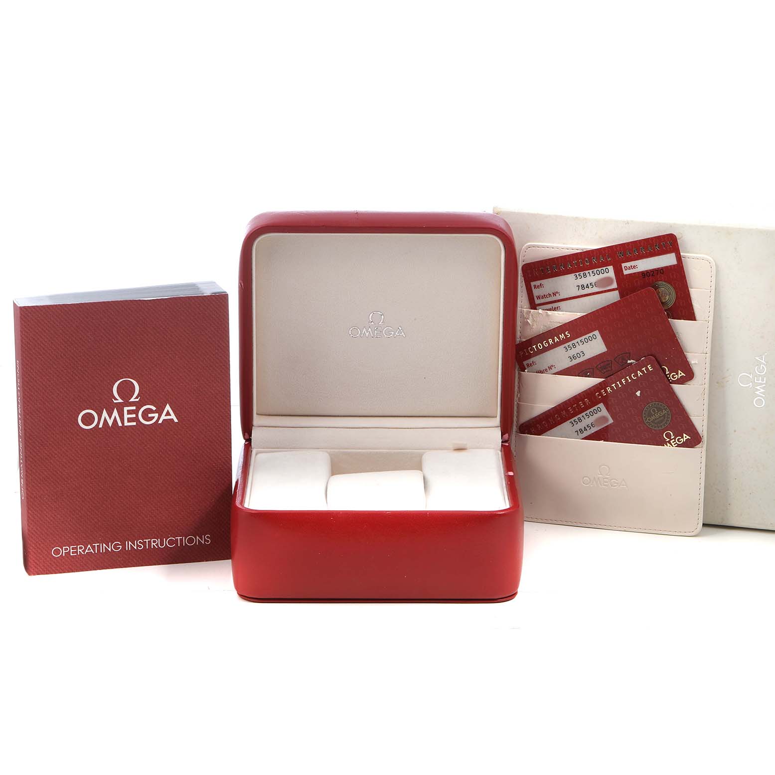 The image shows Omega Speedmaster 3581.50.00 Men's Stainless Steel Black Dial packaging, including an open box, operating instructions, and warranty cards.