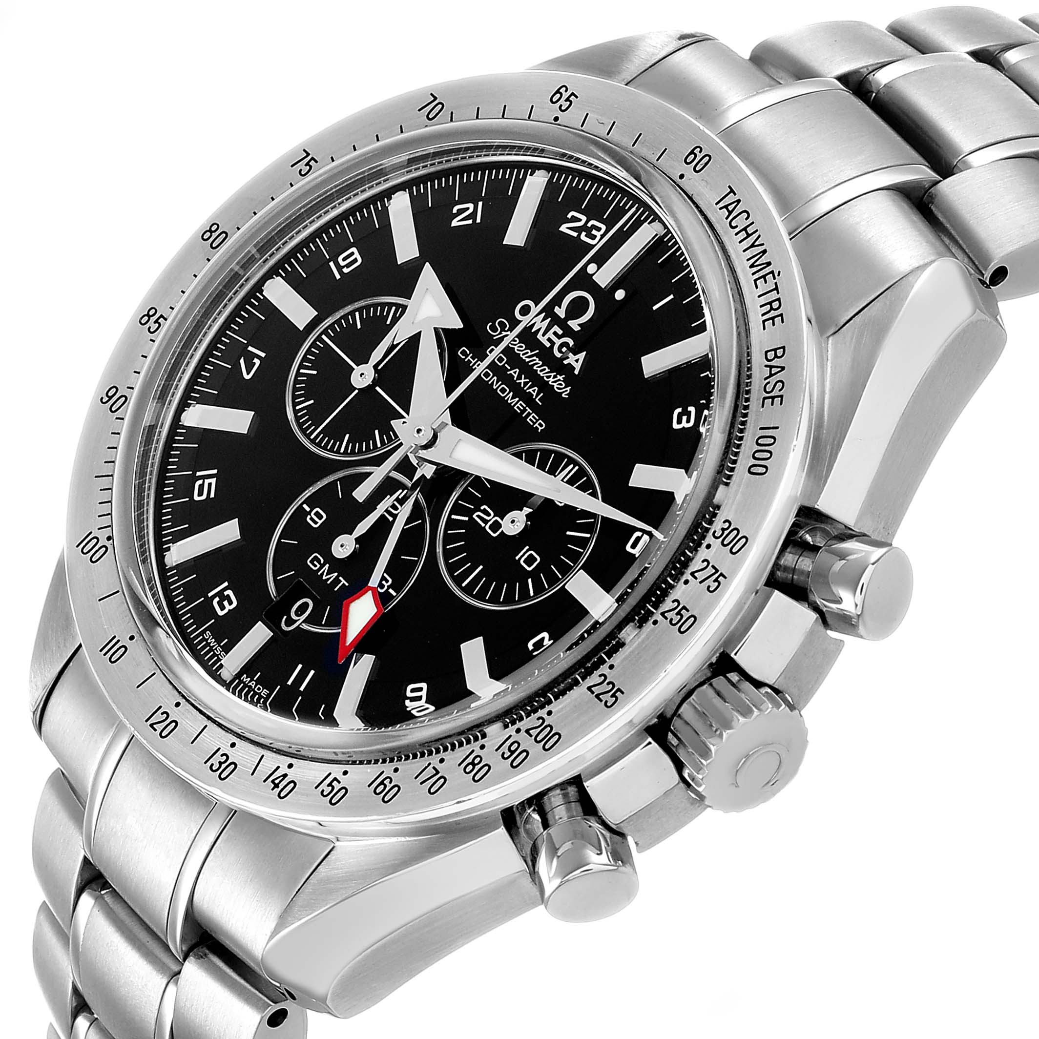 The Omega Speedmaster 3581.50.00 Men's Stainless Steel Black Dial watch is shown at a slightly angled view, highlighting the dial, tachymetric bezel, and bracelet links.
