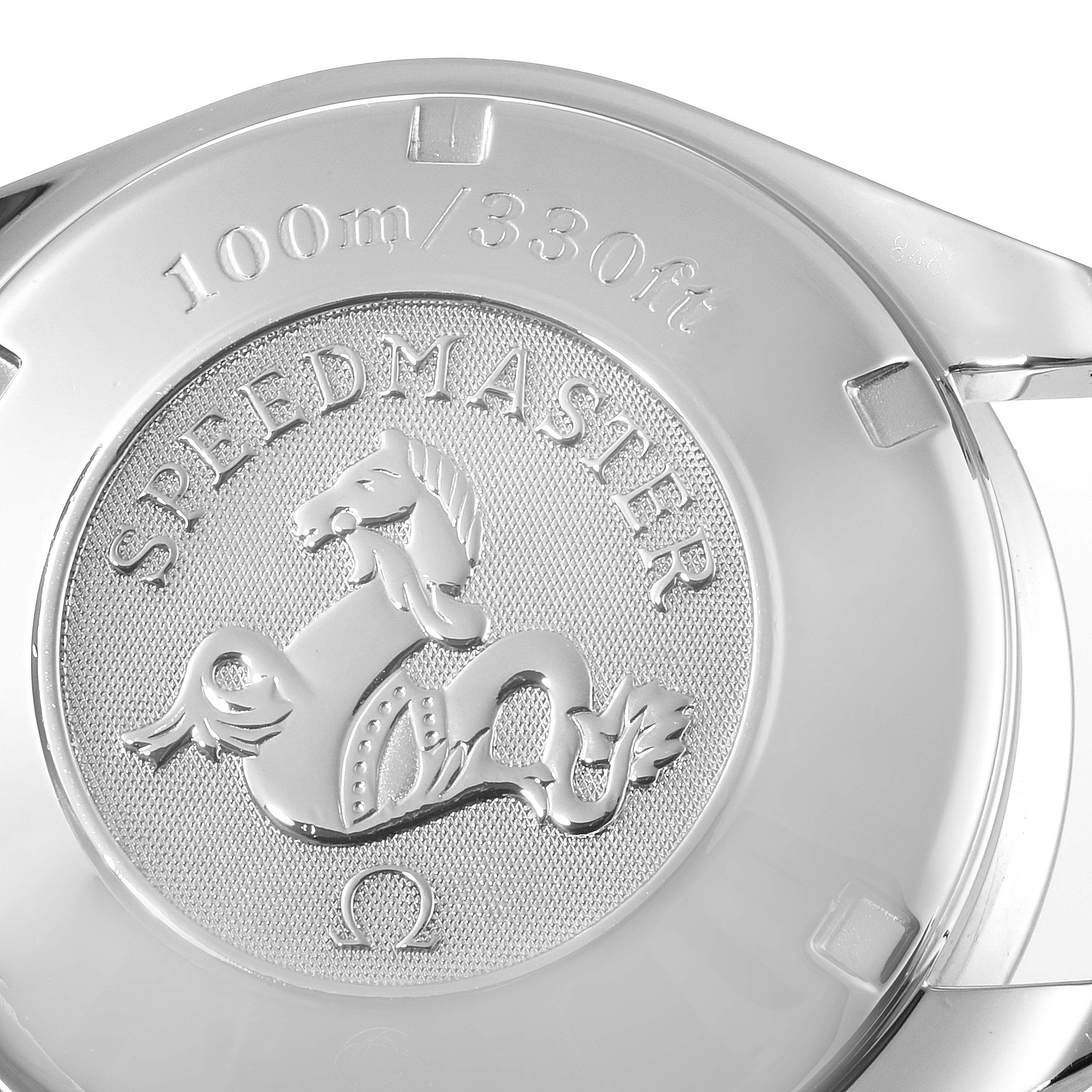 This image shows the engraved case back of an Omega Speedmaster 3220.50.00 Men's Stainless Steel Black Dial 3220.50.00 Men's Stainless Steel Black Dial watch, highlighting its branding and water resistance.