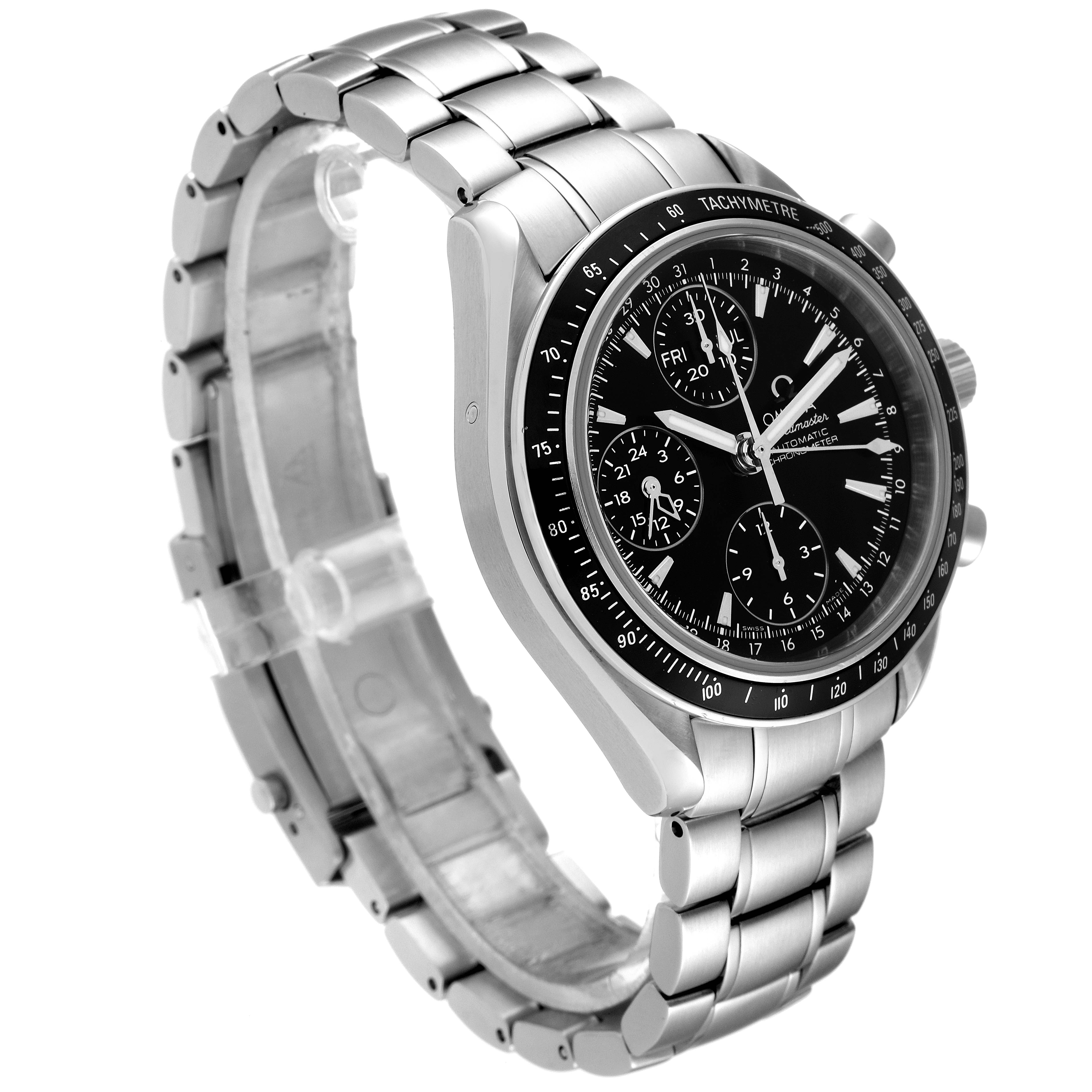The Omega Speedmaster 3220.50.00 Men's Stainless Steel Black Dial 3220.50.00 Men's Stainless Steel Black Dial watch is shown at a three-quarter angle, highlighting the face, bezel, and stainless steel bracelet.