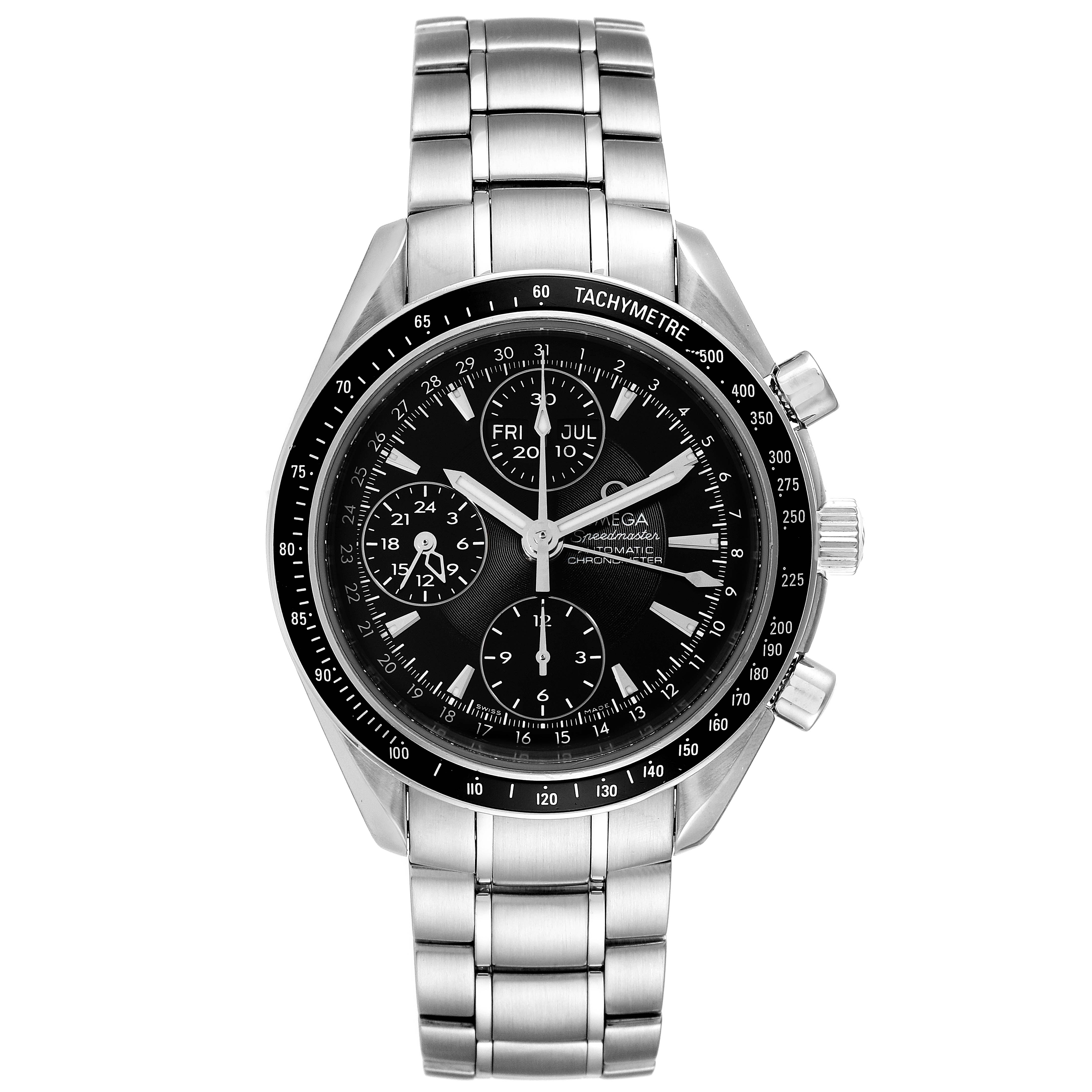 This is an Omega Speedmaster 3220.50.00 Men's Stainless Steel Black Dial 3220.50.00 Men's Stainless Steel Black Dial watch shown from a front angle, displaying the face, bezel, and stainless steel bracelet.