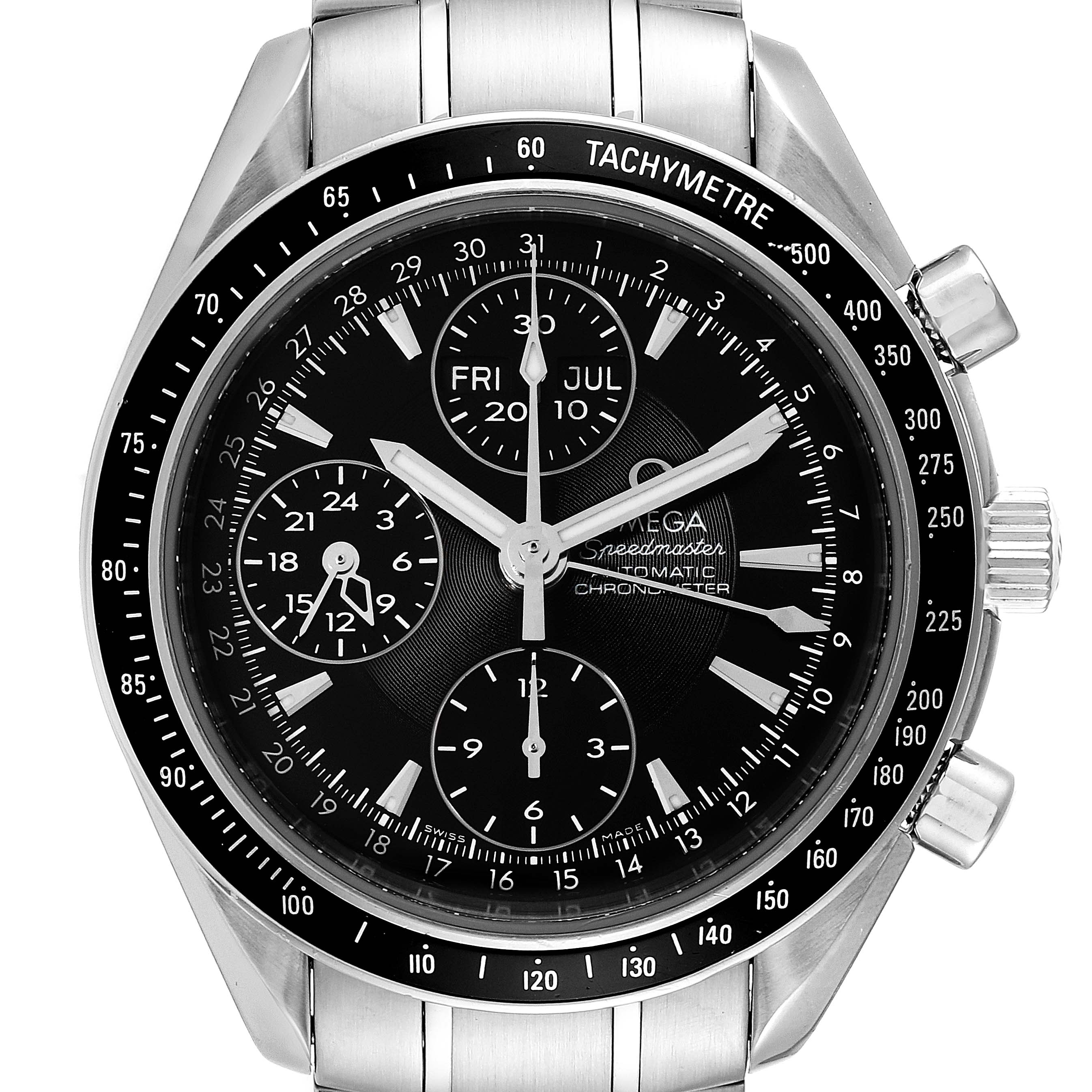 This image shows a front view of the Omega Speedmaster 3220.50.00 Men's Stainless Steel Black Dial 3220.50.00 Men's Stainless Steel Black Dial watch, displaying its dial, bezel, case, and part of the metal bracelet.