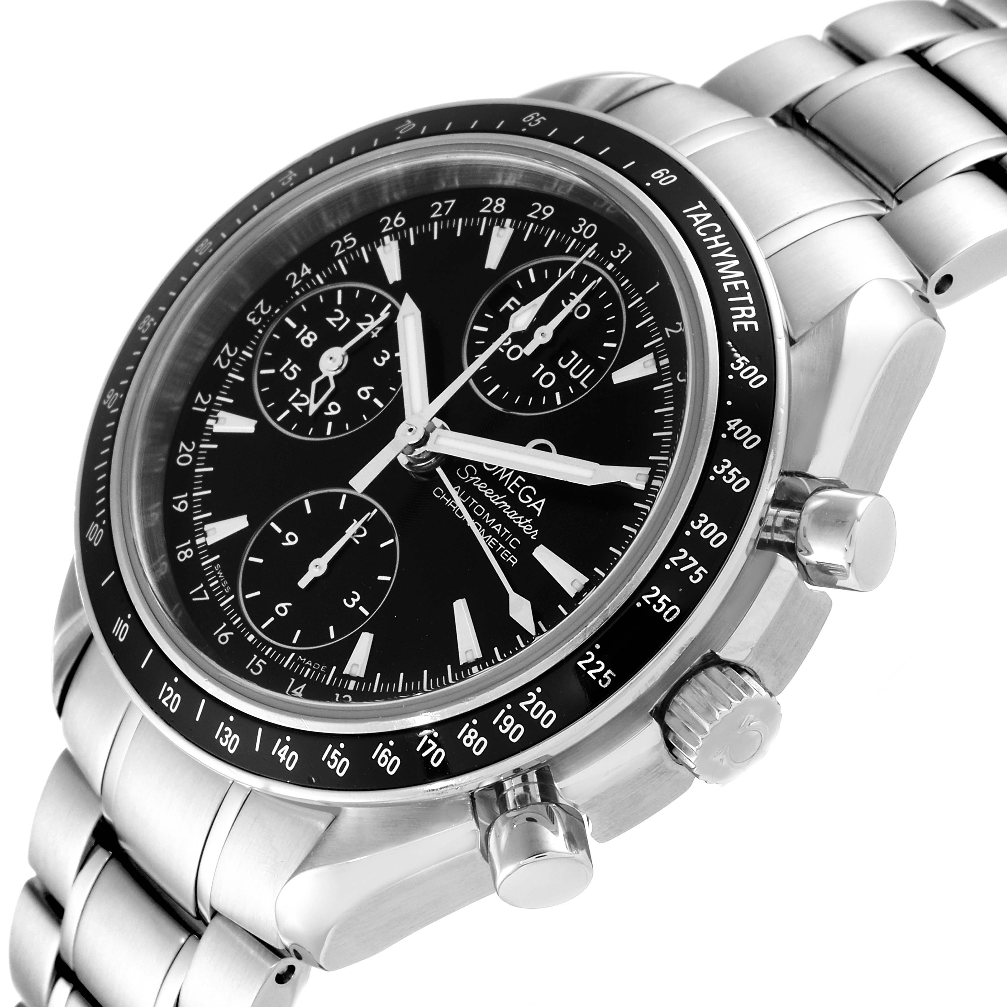 This image shows an Omega Speedmaster 3220.50.00 Men's Stainless Steel Black Dial 3220.50.00 Men's Stainless Steel Black Dial watch from an angled side view, highlighting its dial, tachymeter bezel, and stainless steel strap.
