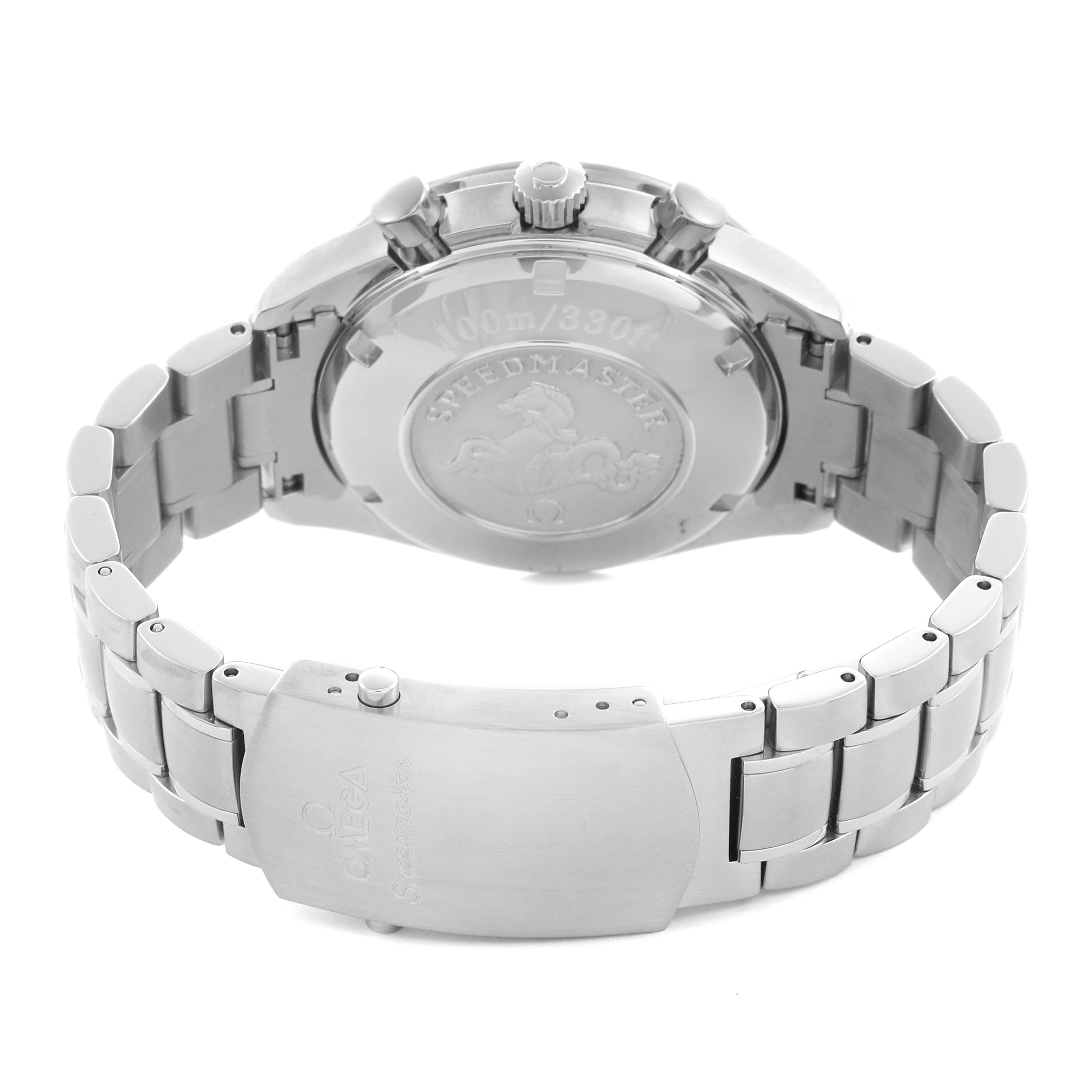 The Omega Speedmaster 3222.80.00 Men
s Stainless Steel Blue Dial 3222.80.00 Men
s Stainless Steel Blue Dial watch is shown from the back, highlighting the case back, bracelet, and clasp.
