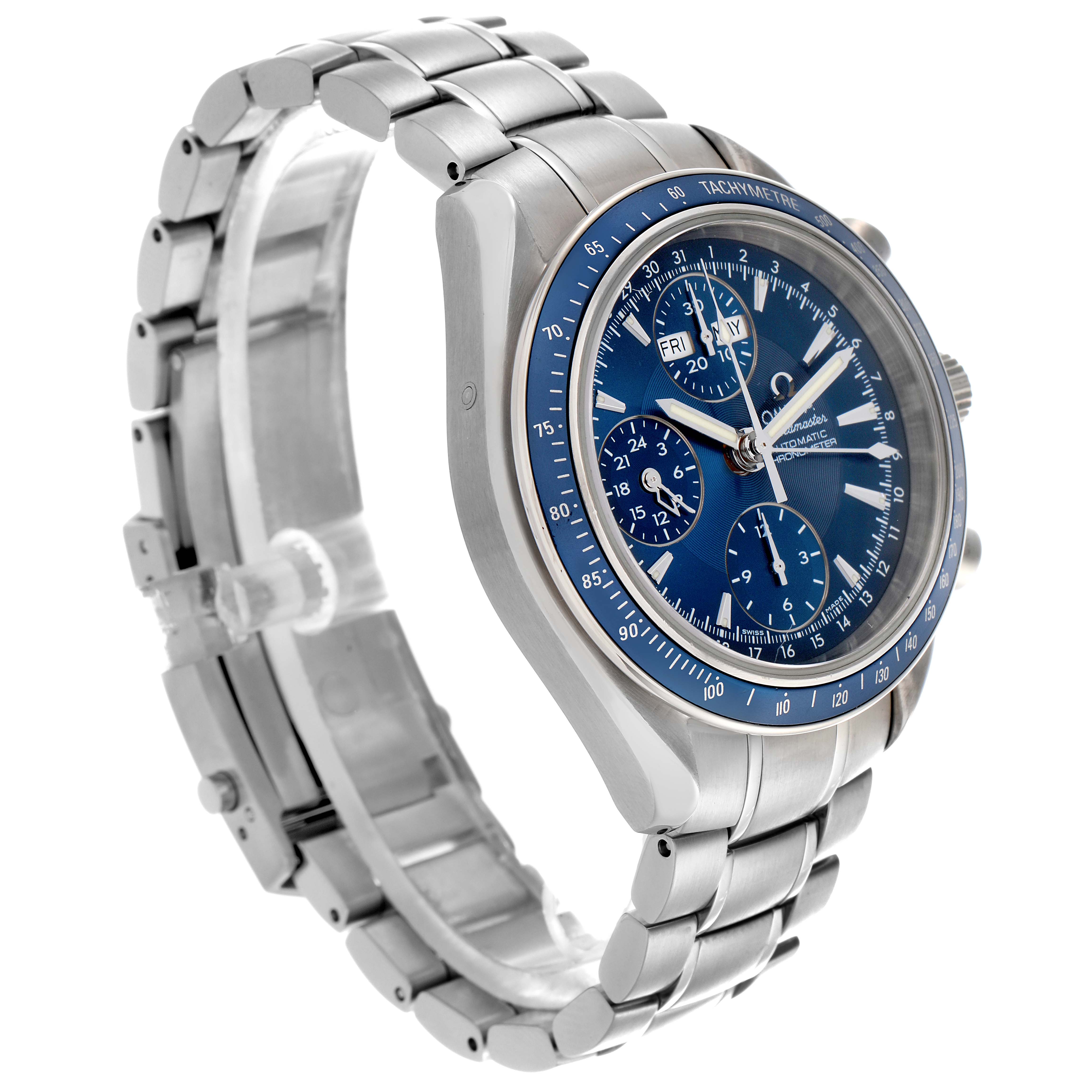 The Omega Speedmaster 3222.80.00 Men
s Stainless Steel Blue Dial 3222.80.00 Men
s Stainless Steel Blue Dial watch is shown at a three-quarter angle, highlighting the face, bezel, crown, and stainless steel bracelet.
