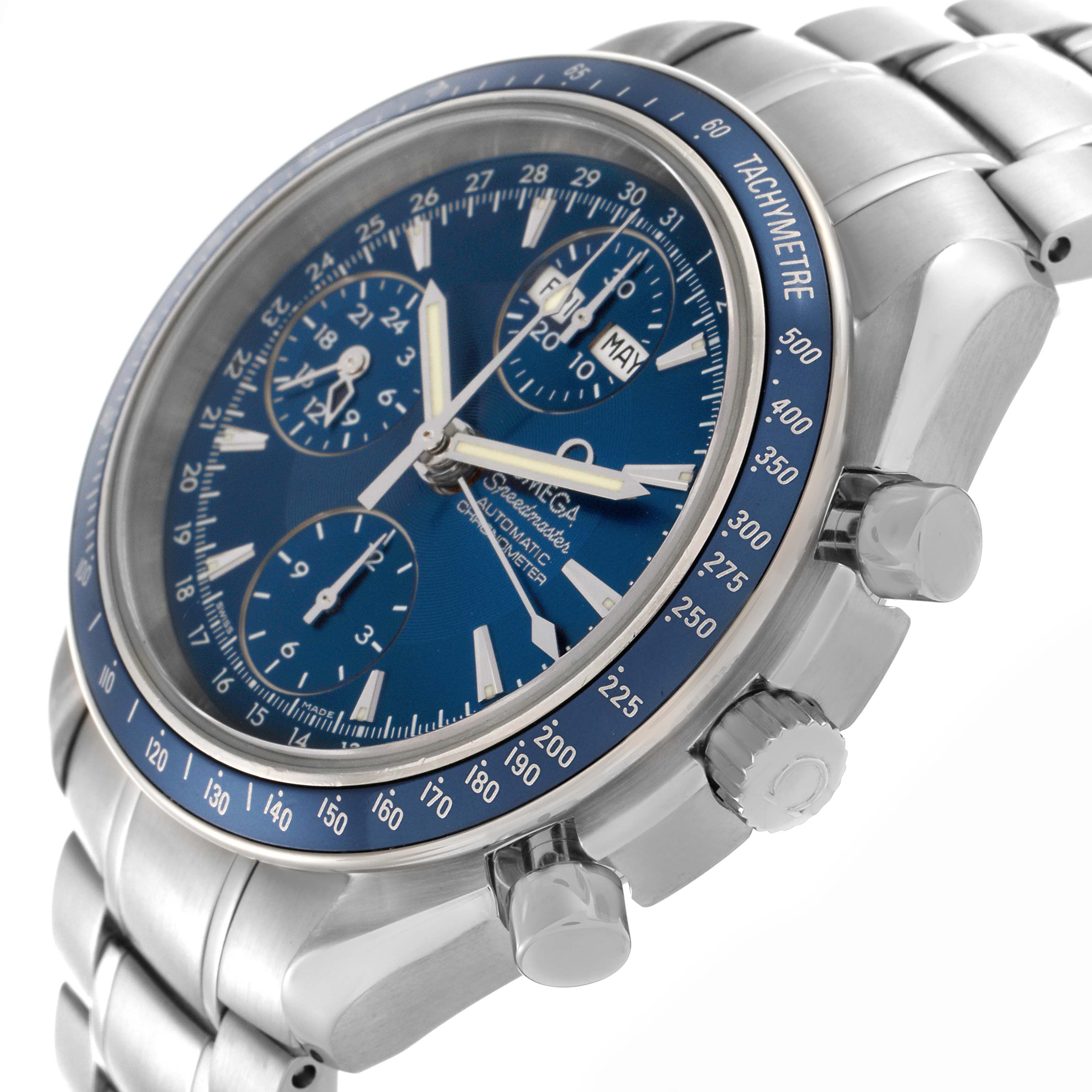 The Omega Speedmaster 3222.80.00 Men
s Stainless Steel Blue Dial 3222.80.00 Men
s Stainless Steel Blue Dial watch is shown from a side angle highlighting the dial, bezel, crown, pushers, and part of the bracelet.