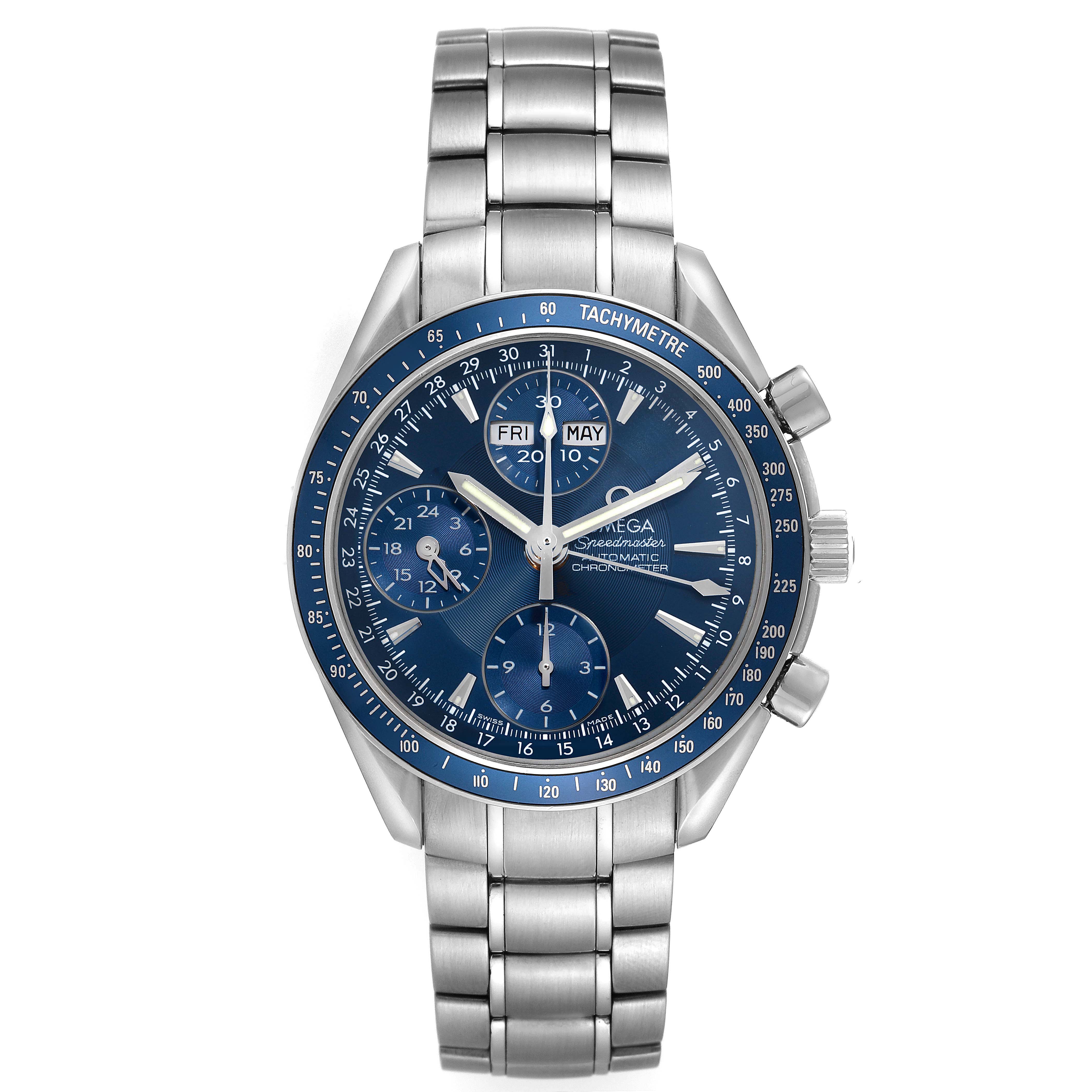 The Omega Speedmaster 3222.80.00 Men
s Stainless Steel Blue Dial 3222.80.00 Men
s Stainless Steel Blue Dial watch is shown from a top-down angle, displaying the face, tachymeter bezel, and metal bracelet.