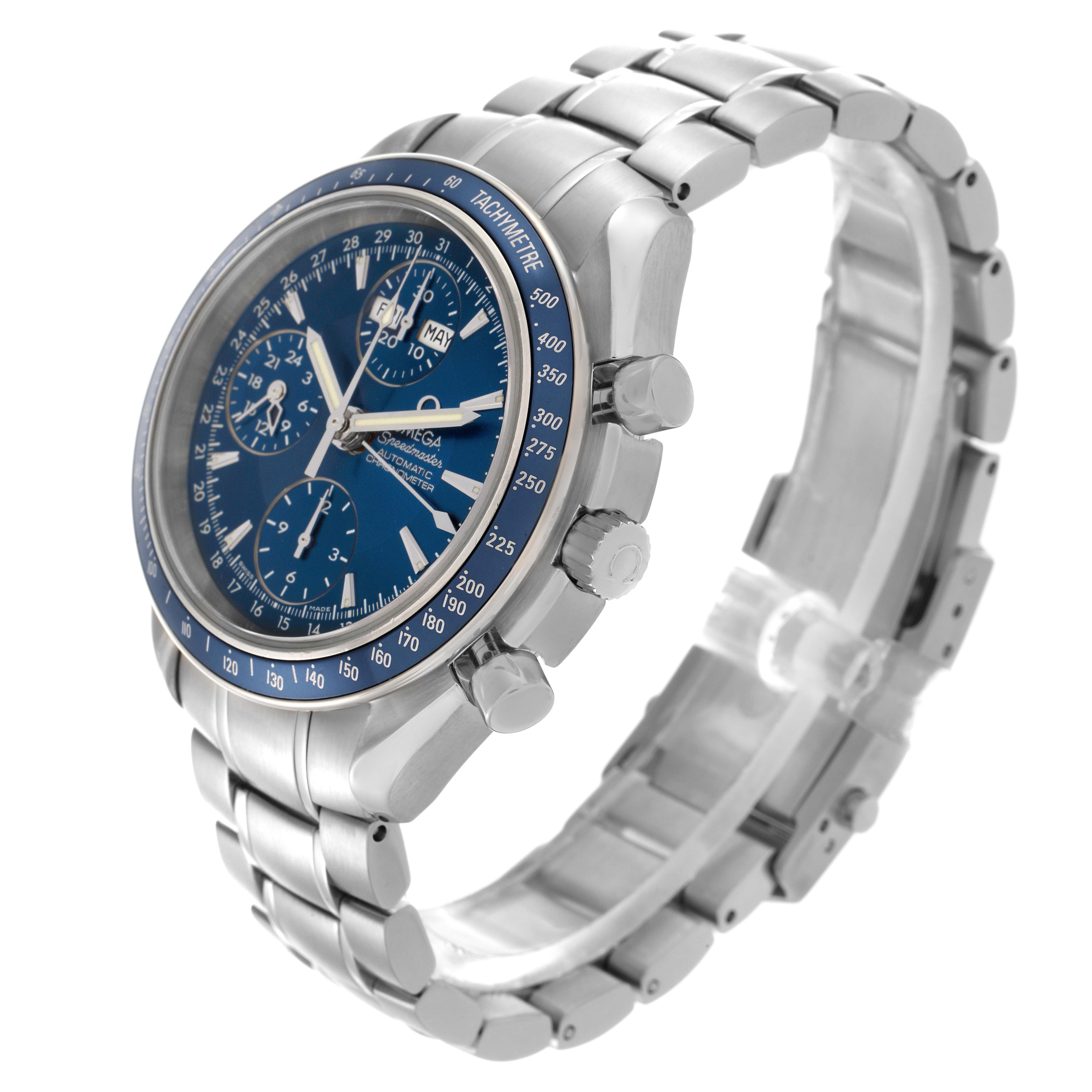 The Omega Speedmaster 3222.80.00 Men
s Stainless Steel Blue Dial 3222.80.00 Men
s Stainless Steel Blue Dial watch is shown in a three-quarter angle, highlighting the face, bezel, crown, and metal bracelet.
