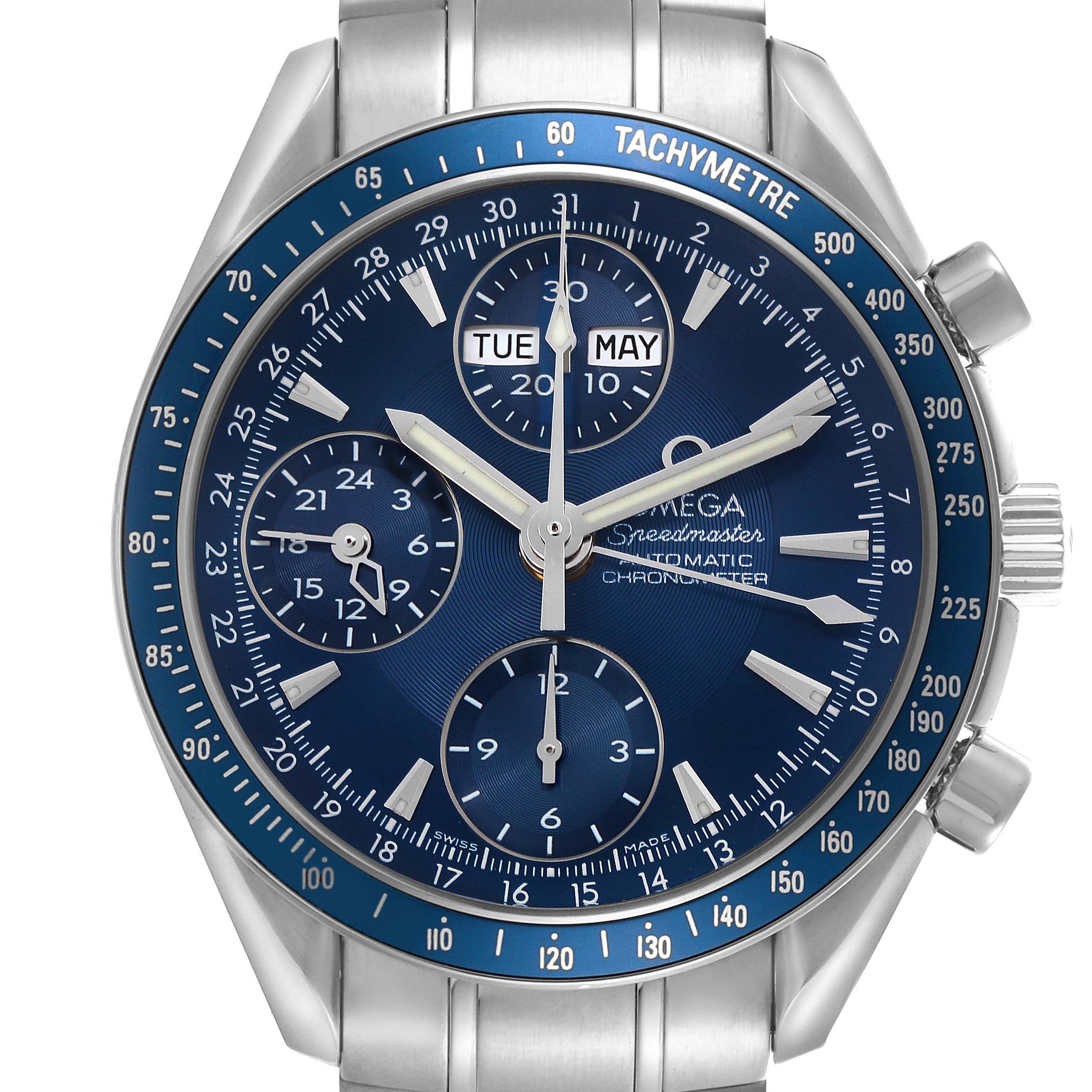 The Omega Speedmaster 3222.80.00 Men
s Stainless Steel Blue Dial 3222.80.00 Men
s Stainless Steel Blue Dial is shown from the front, displaying the dial, subdials, tachymeter bezel, and stainless steel bracelet.