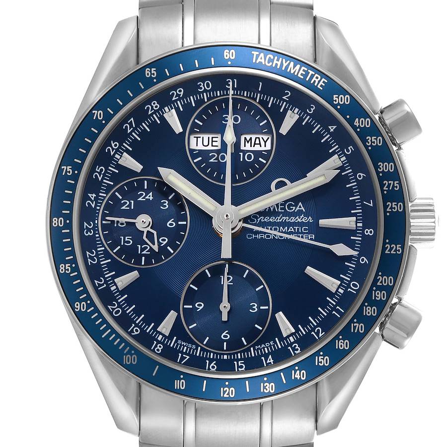 The Omega Speedmaster is shown from the front, displaying the dial, subdials, tachymeter bezel, and stainless steel bracelet.