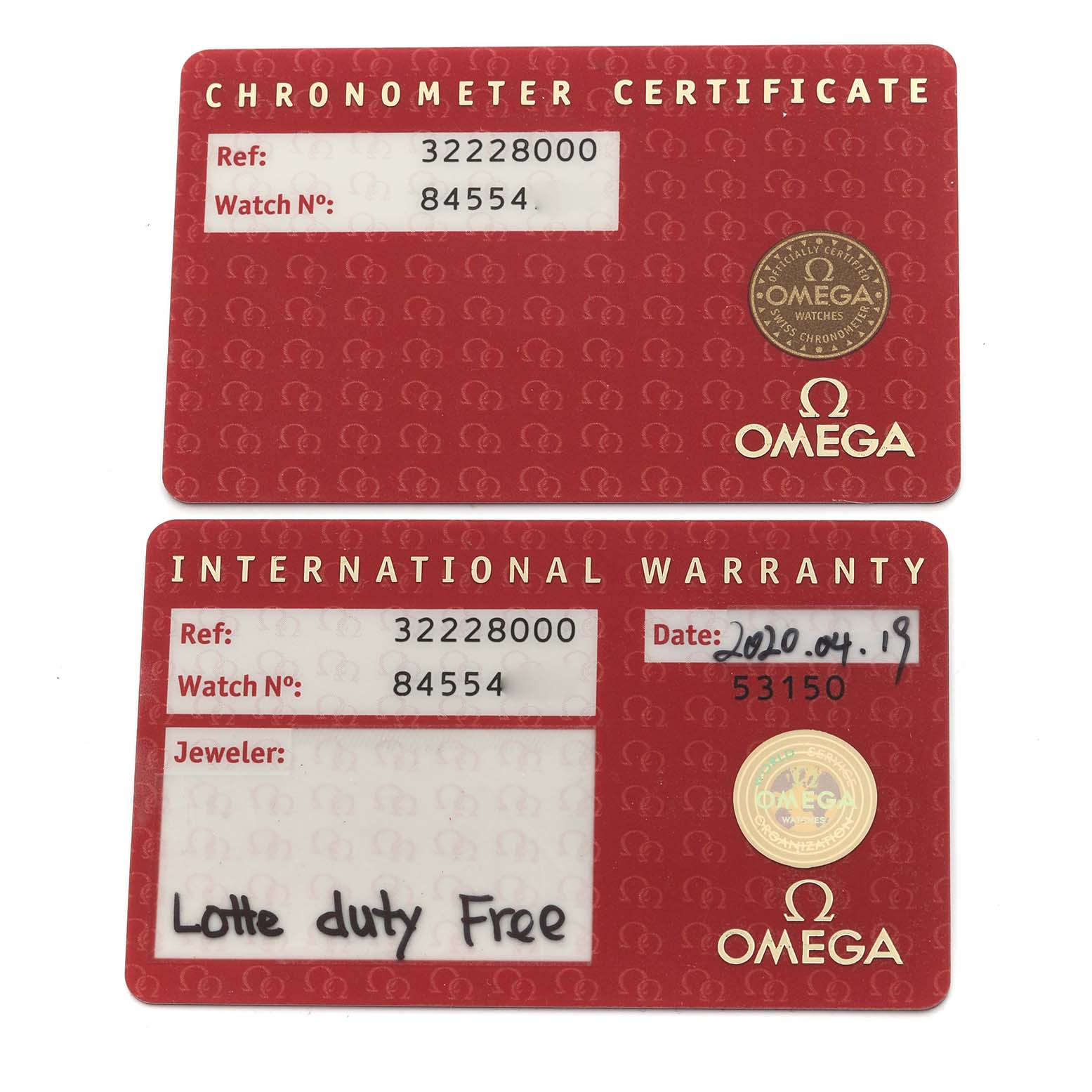 The image shows the Omega Speedmaster 3222.80.00 Men
s Stainless Steel Blue Dial 3222.80.00 Men
s Stainless Steel Blue Dial
s Chronometer Certificate and International Warranty cards.