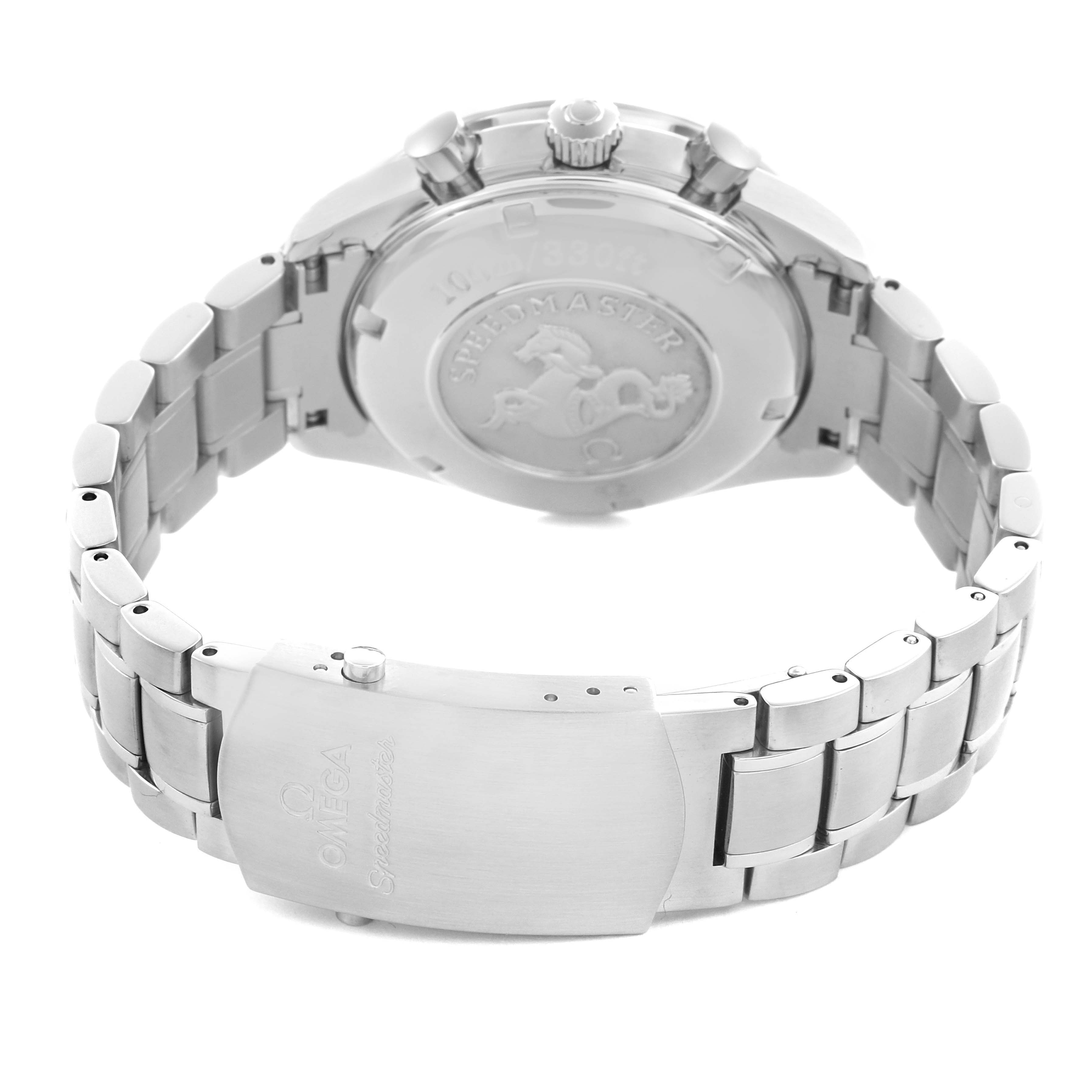 The image shows the back and clasp of the Omega Speedmaster 3222.80.00 Men
s Stainless Steel Blue Dial 3222.80.00 Men
s Stainless Steel Blue Dial watch, highlighting the case back and bracelet.