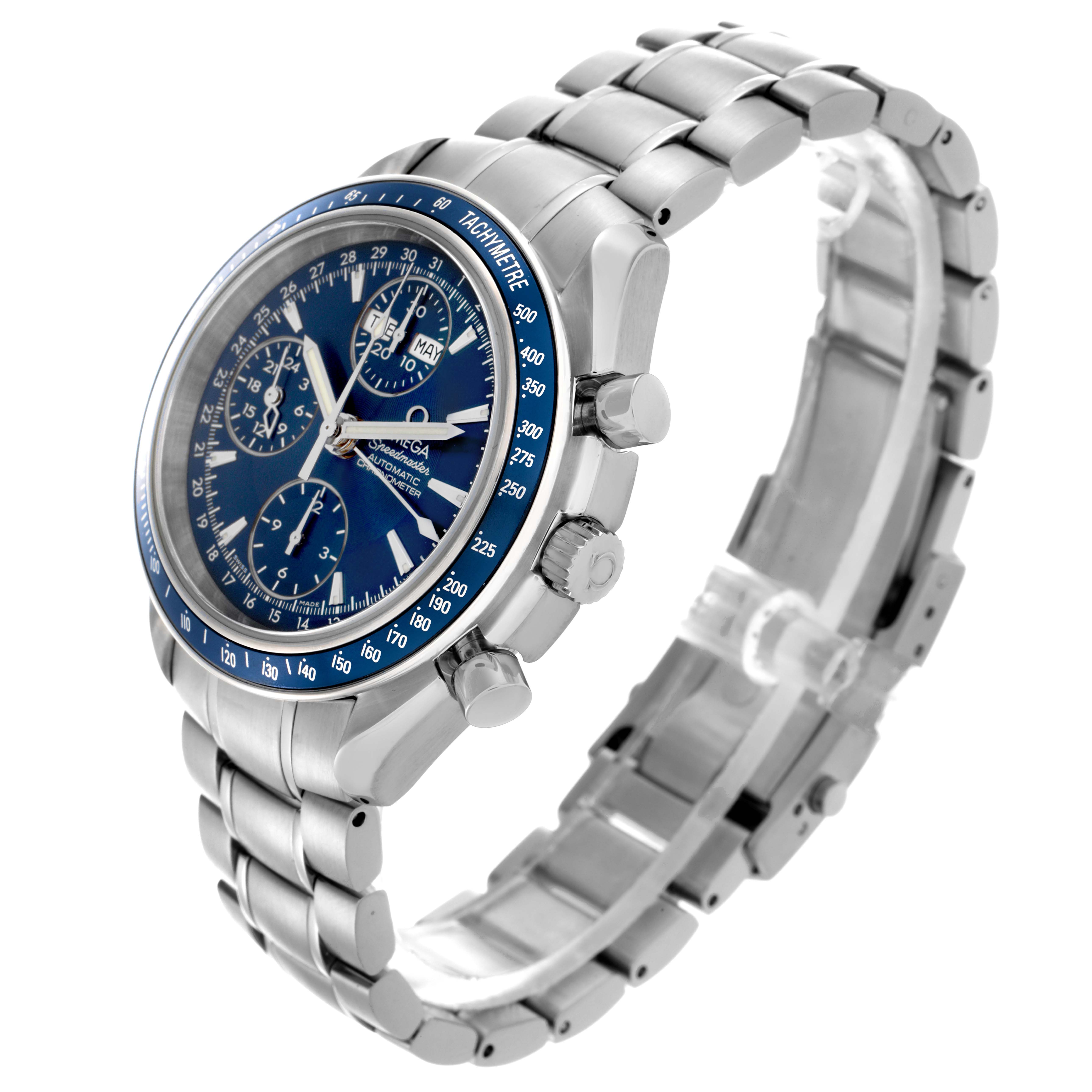The Omega Speedmaster 3222.80.00 Men
s Stainless Steel Blue Dial 3222.80.00 Men
s Stainless Steel Blue Dial watch is shown at a three-quarter angle, highlighting the dial, bezel, crown, pushers, and stainless steel bracelet.