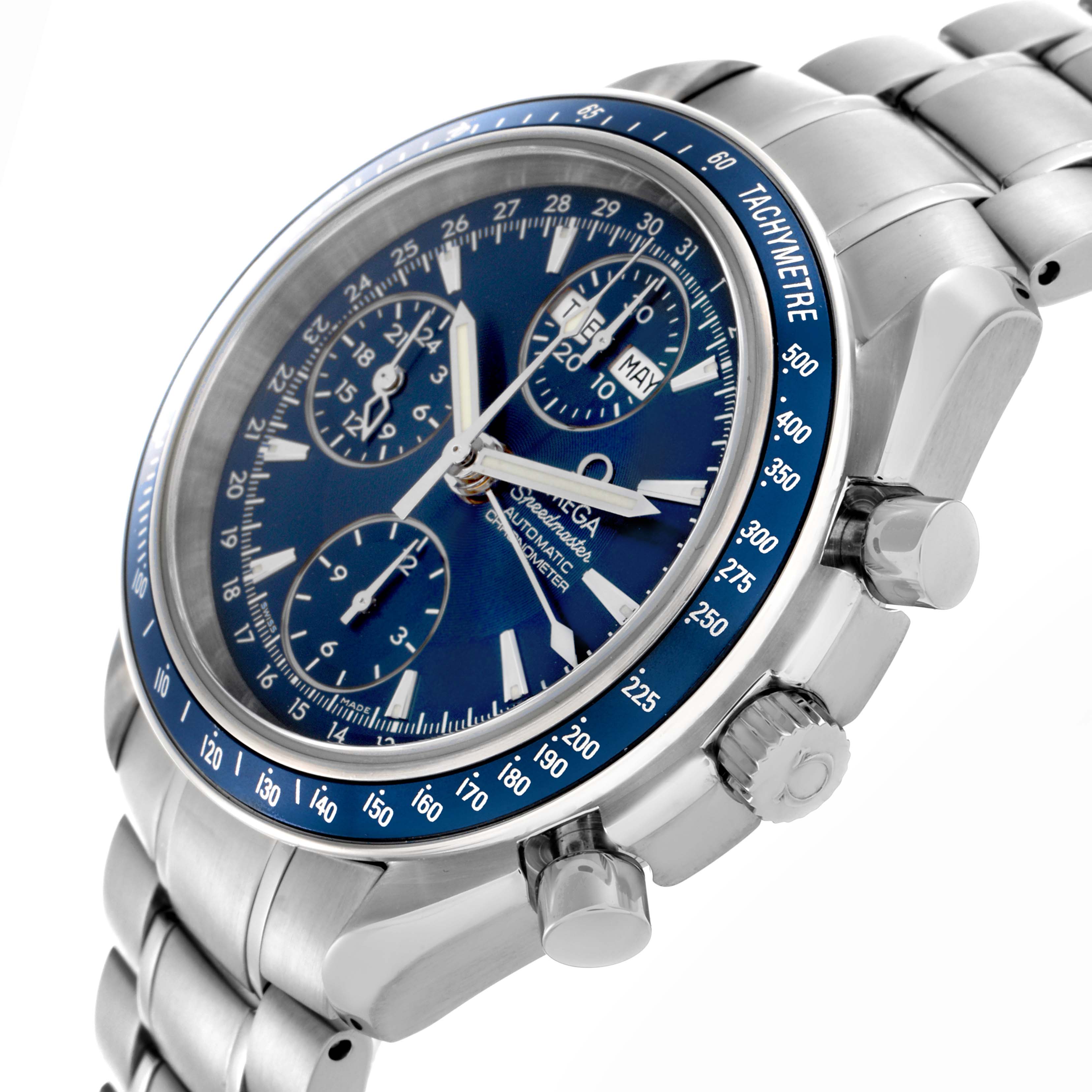 The Omega Speedmaster 3222.80.00 Men
s Stainless Steel Blue Dial 3222.80.00 Men
s Stainless Steel Blue Dial watch is shown at an angle highlighting the blue dial, chronograph subdials, tachymeter bezel, and bracelet.