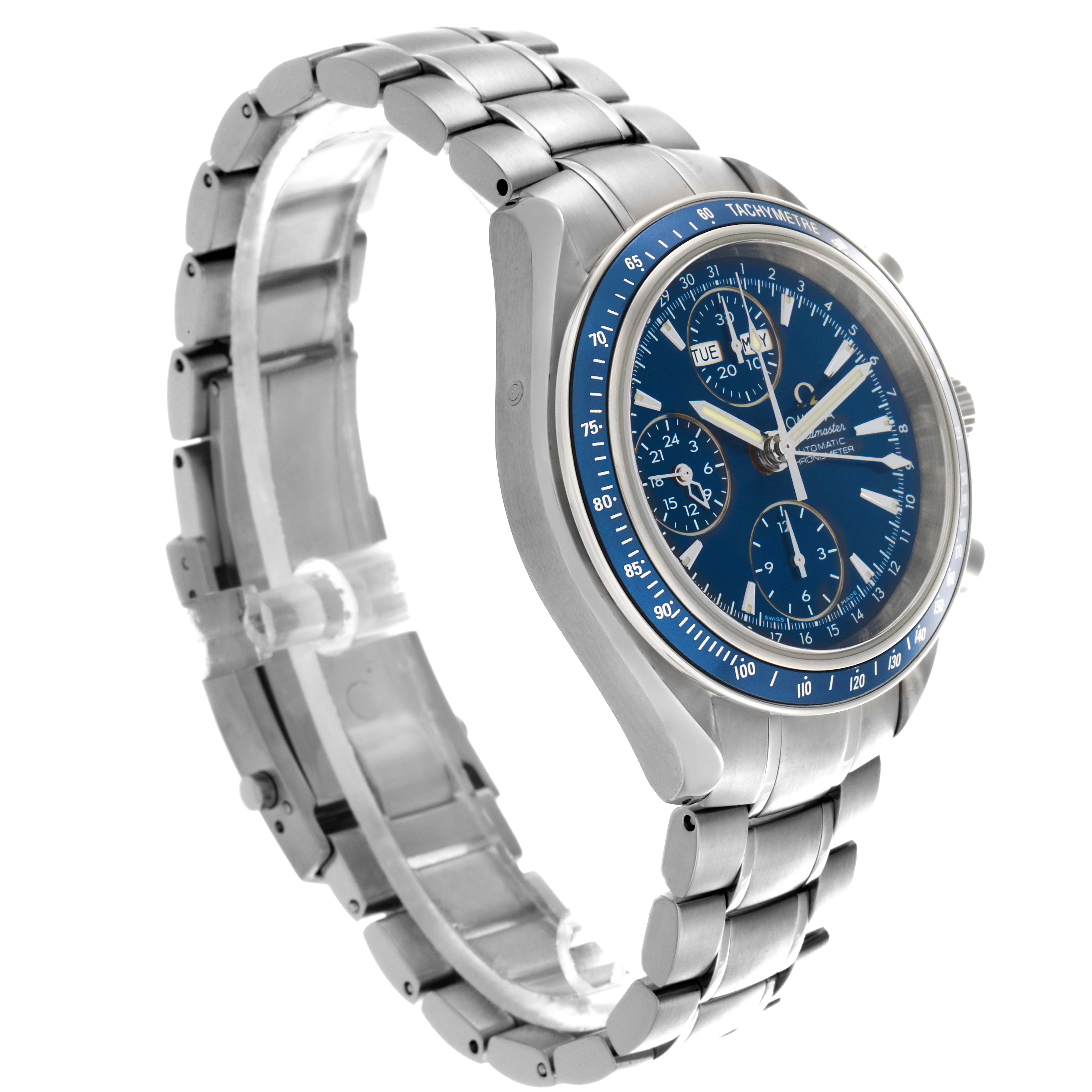The Omega Speedmaster 3222.80.00 Men
s Stainless Steel Blue Dial 3222.80.00 Men
s Stainless Steel Blue Dial watch is shown at a three-quarter angle, displaying the face, bezel, chronograph subdials, and metal bracelet.