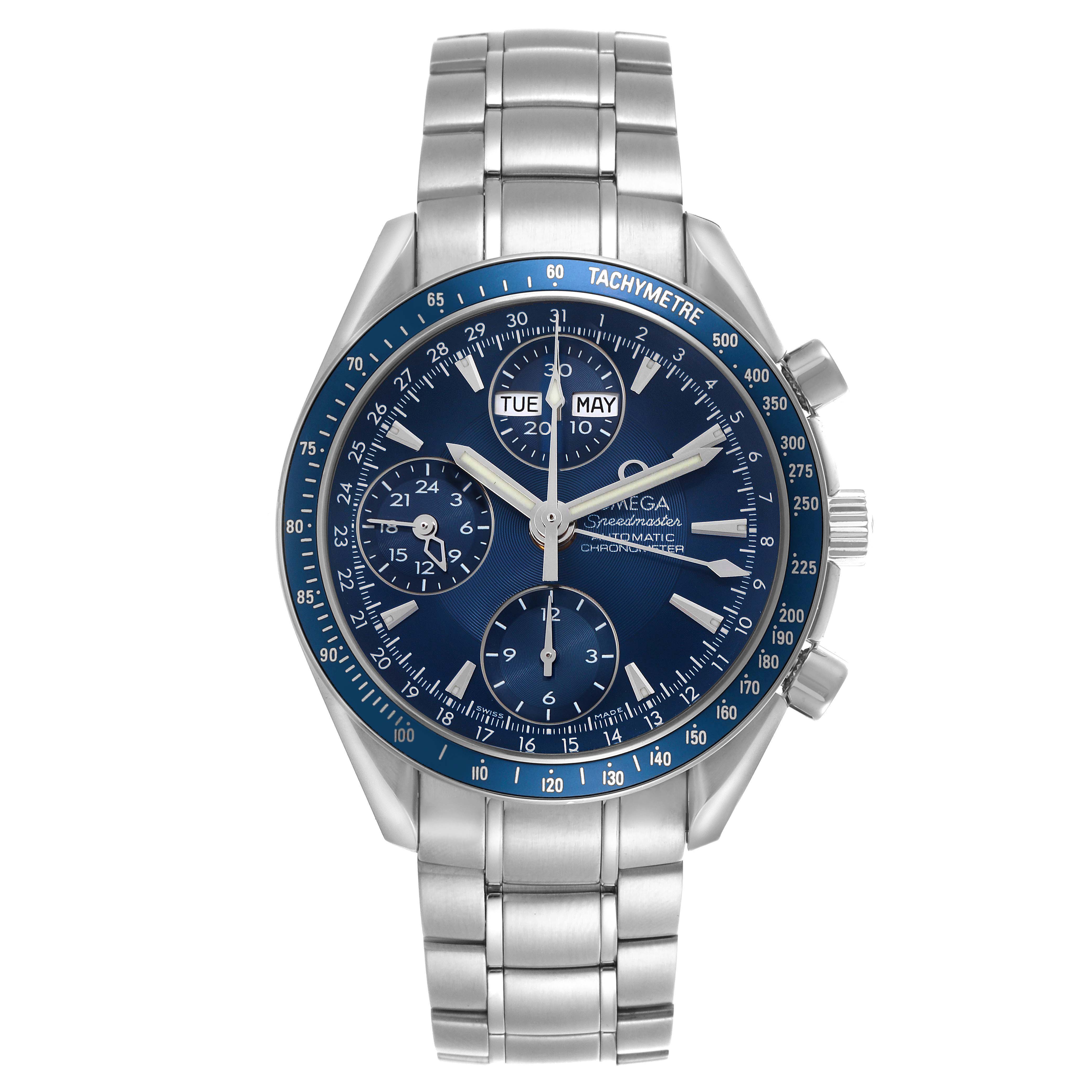 The Omega Speedmaster 3222.80.00 Men
s Stainless Steel Blue Dial 3222.80.00 Men
s Stainless Steel Blue Dial watch is shown from a front angle, displaying the dial, chronograph subdials, and metal bracelet.