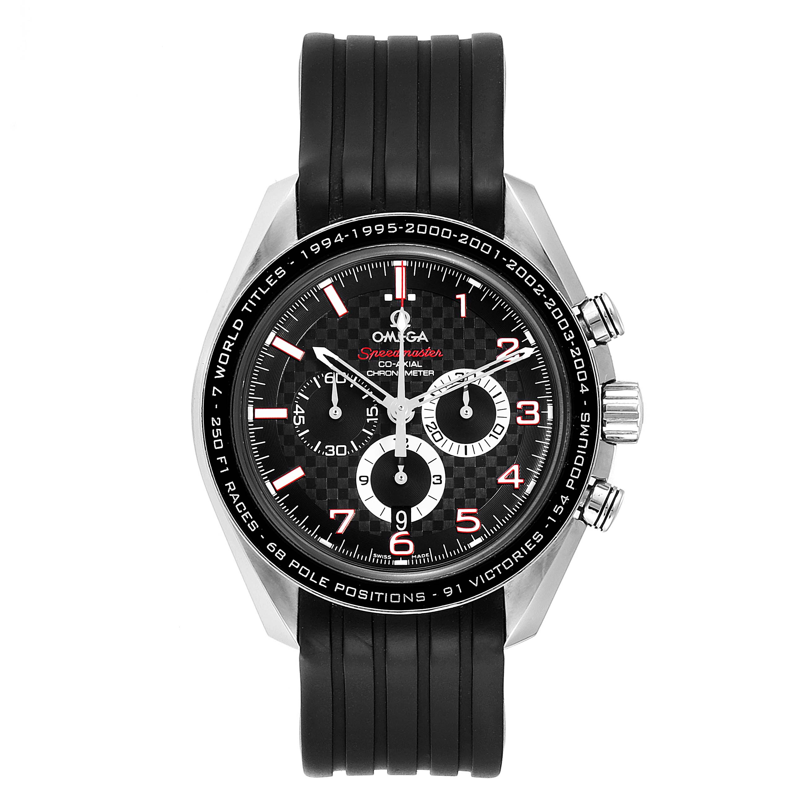 The image shows a frontal view of an Omega Speedmaster 321.32.44.50.01.001 Men
s Stainless Steel Black Dial 321.32.44.50.01.001 Men
s Stainless Steel Black Dial watch with a black rubber strap and a black checkered dial.