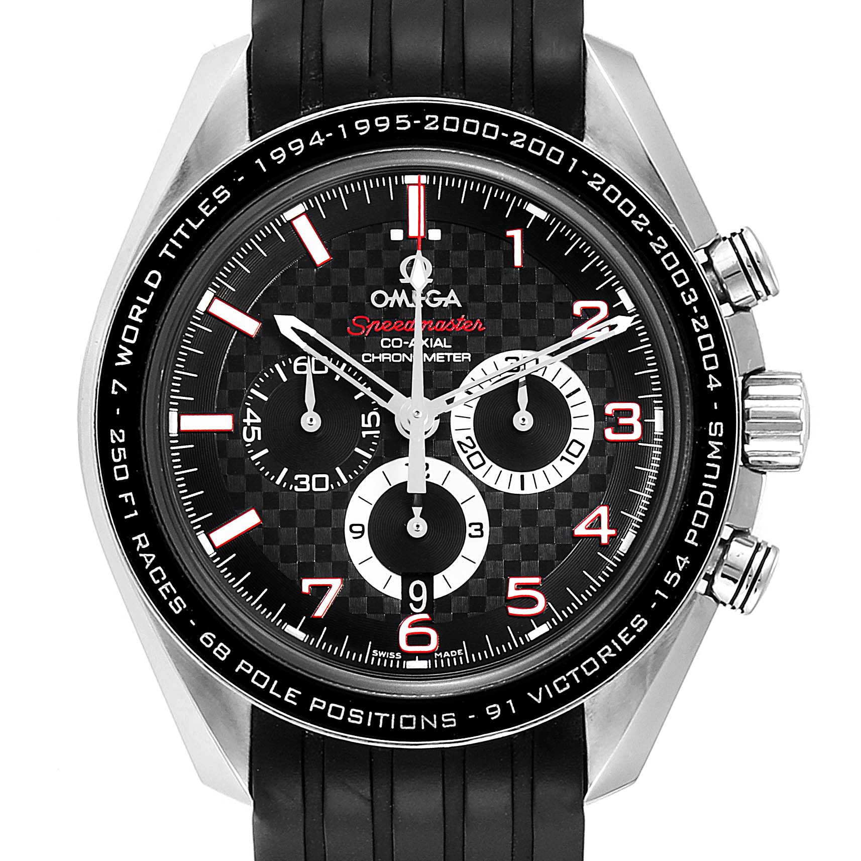 The image shows a frontal view of an Omega Speedmaster 321.32.44.50.01.001 Men
s Stainless Steel Black Dial 321.32.44.50.01.001 Men
s Stainless Steel Black Dial watch featuring a black dial and chronograph functions.