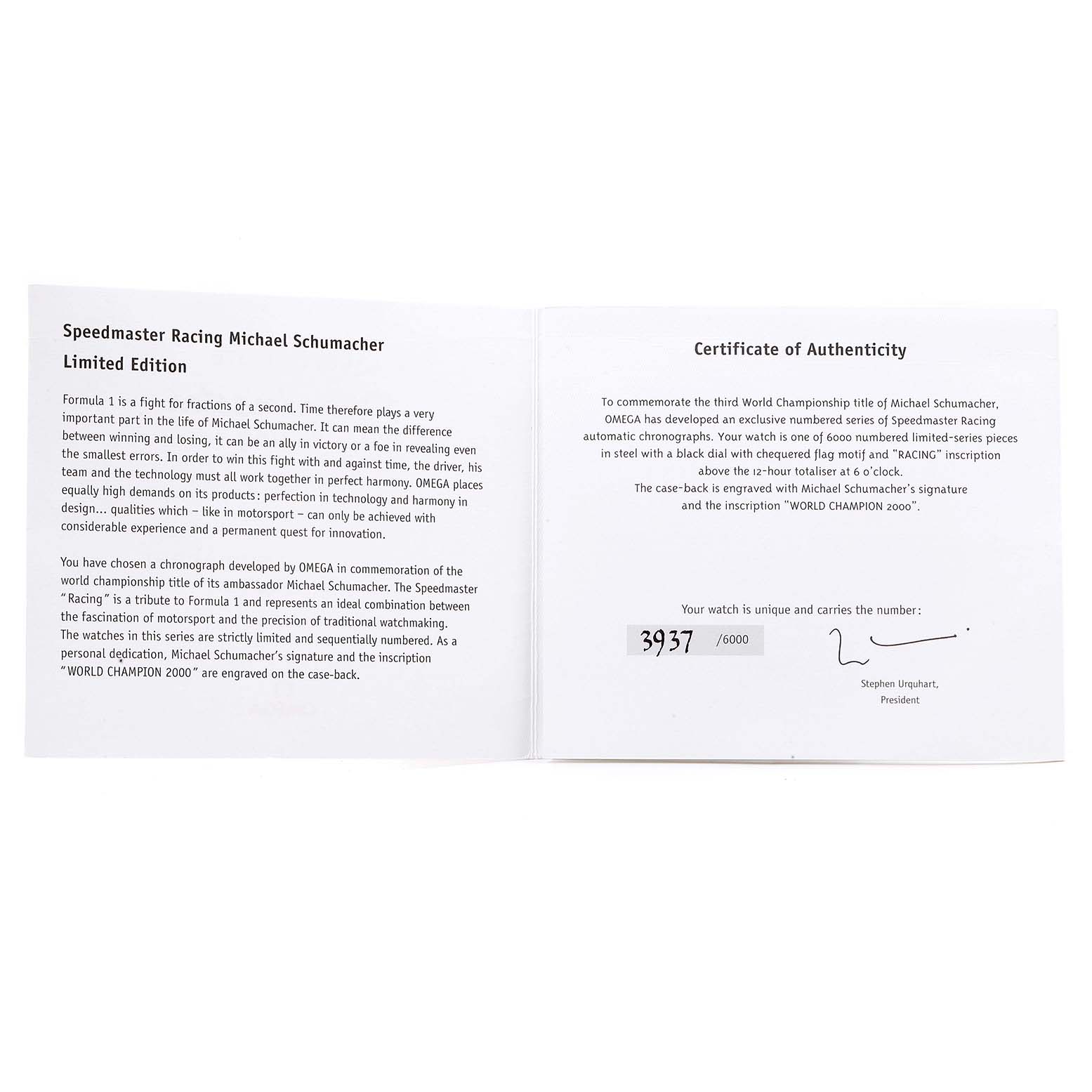 The image shows a certificate of Best Quality
ity and a description for the Omega Speedmaster 321.32.44.50.01.001 Men
s Stainless Steel Black Dial 321.32.44.50.01.001 Men
s Stainless Steel Black Dial Racing Michael Schumacher Limited Edition watch.