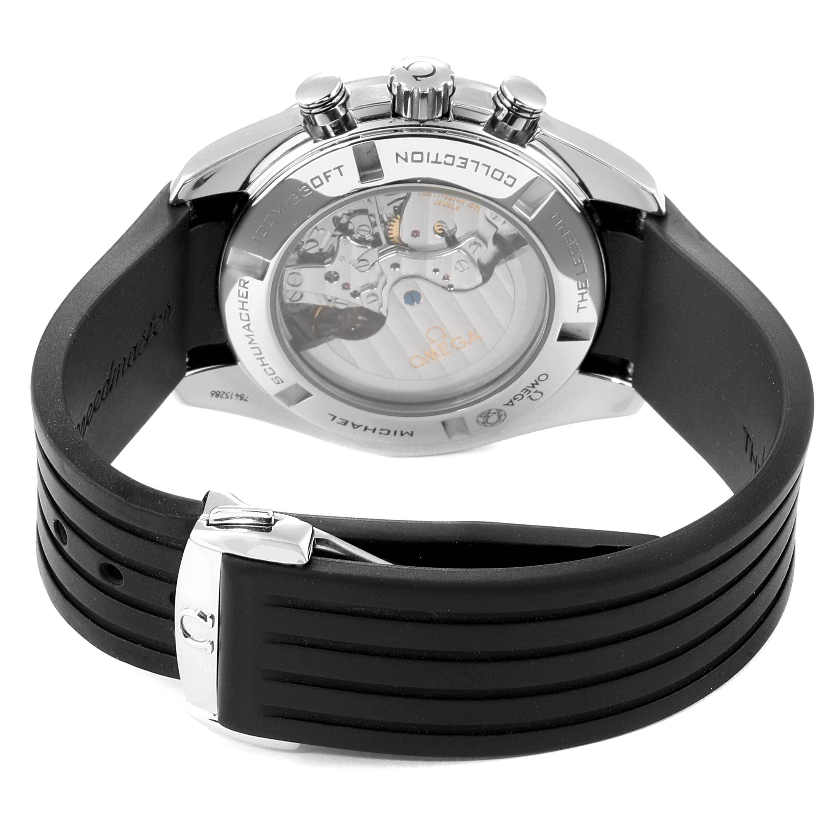 This image shows the backside of an Omega Speedmaster 321.32.44.50.01.001 Men
s Stainless Steel Black Dial 321.32.44.50.01.001 Men
s Stainless Steel Black Dial watch showcasing its transparent case back and black rubber strap.