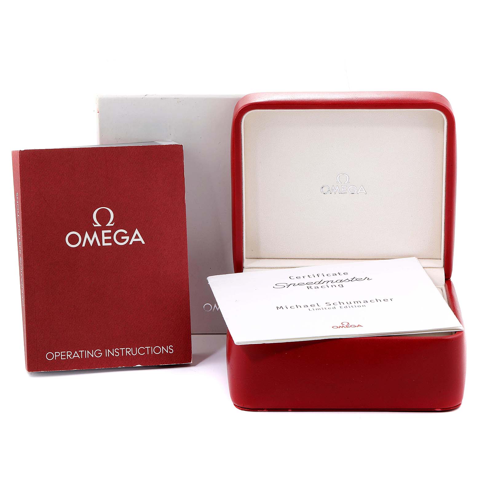The image shows an Omega Speedmaster 321.32.44.50.01.001 Men
s Stainless Steel Black Dial 321.32.44.50.01.001 Men
s Stainless Steel Black Dial watch box, alongside the operating instructions and a certificate.